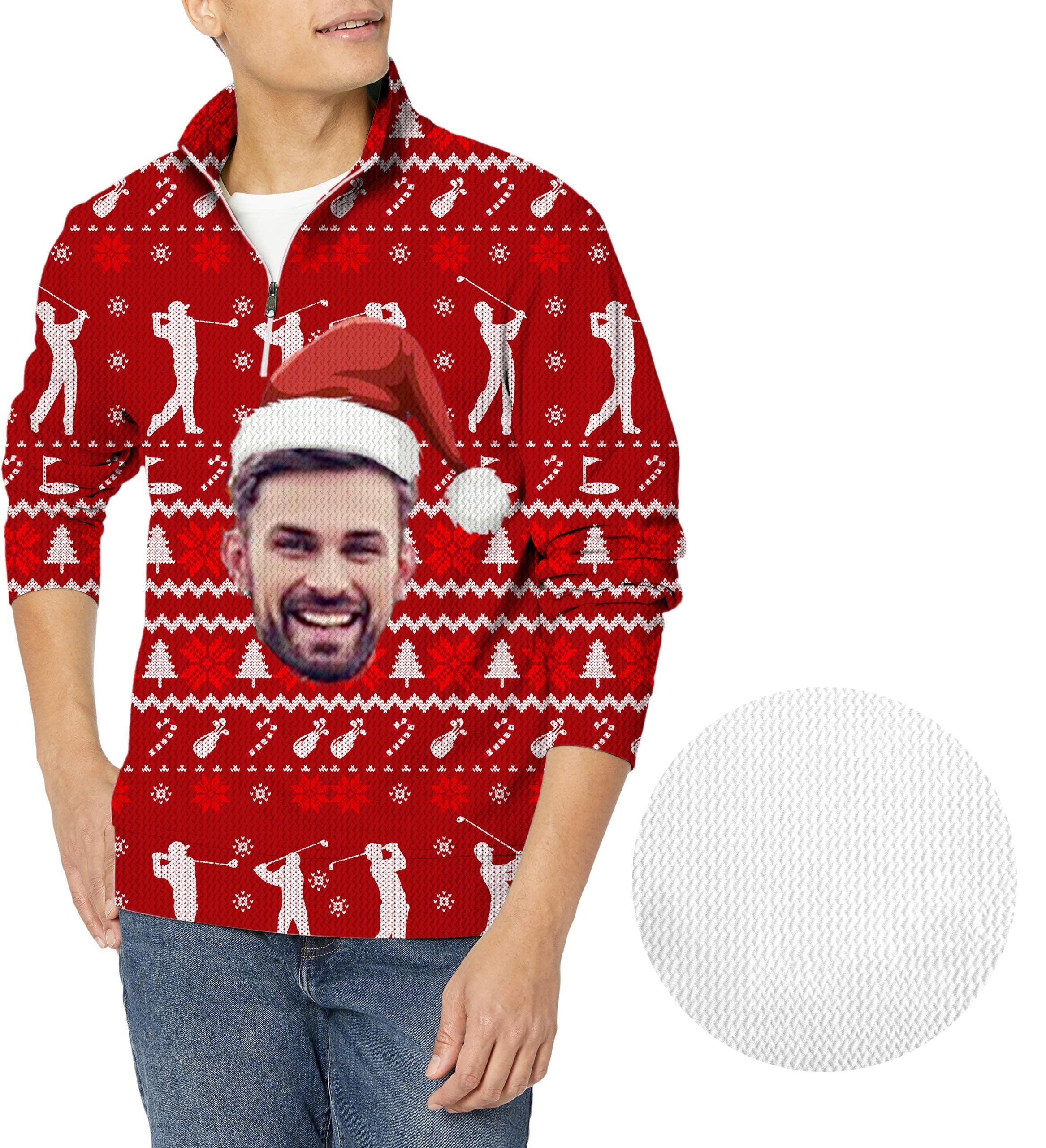 Custom face M-Christmas men's golf waffle zipper pullover with personalized face and festive patterns