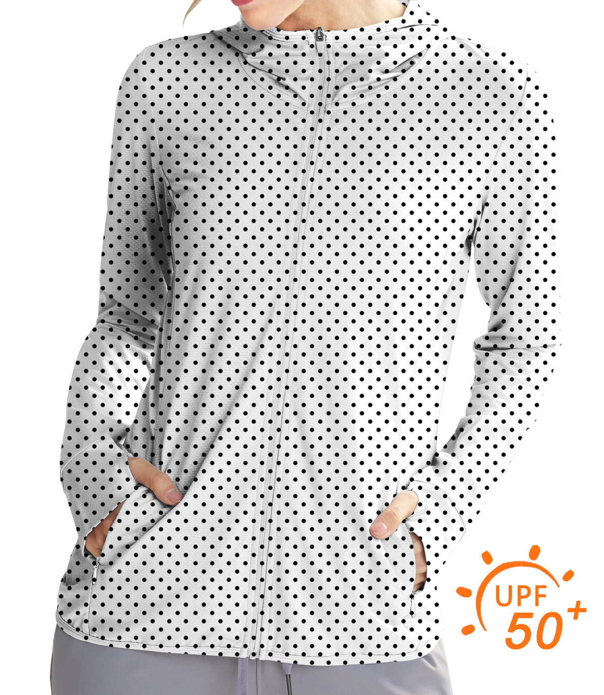Women's Outdoor Black polka dots white background Golf Sun Protection Slim Fit zip hoodies