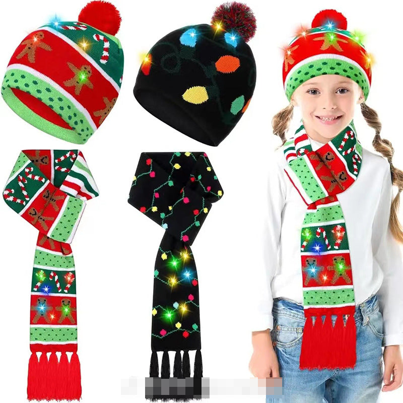 Christmas knitted hats and scarves set for adults and children with festive patterns and light-up designs