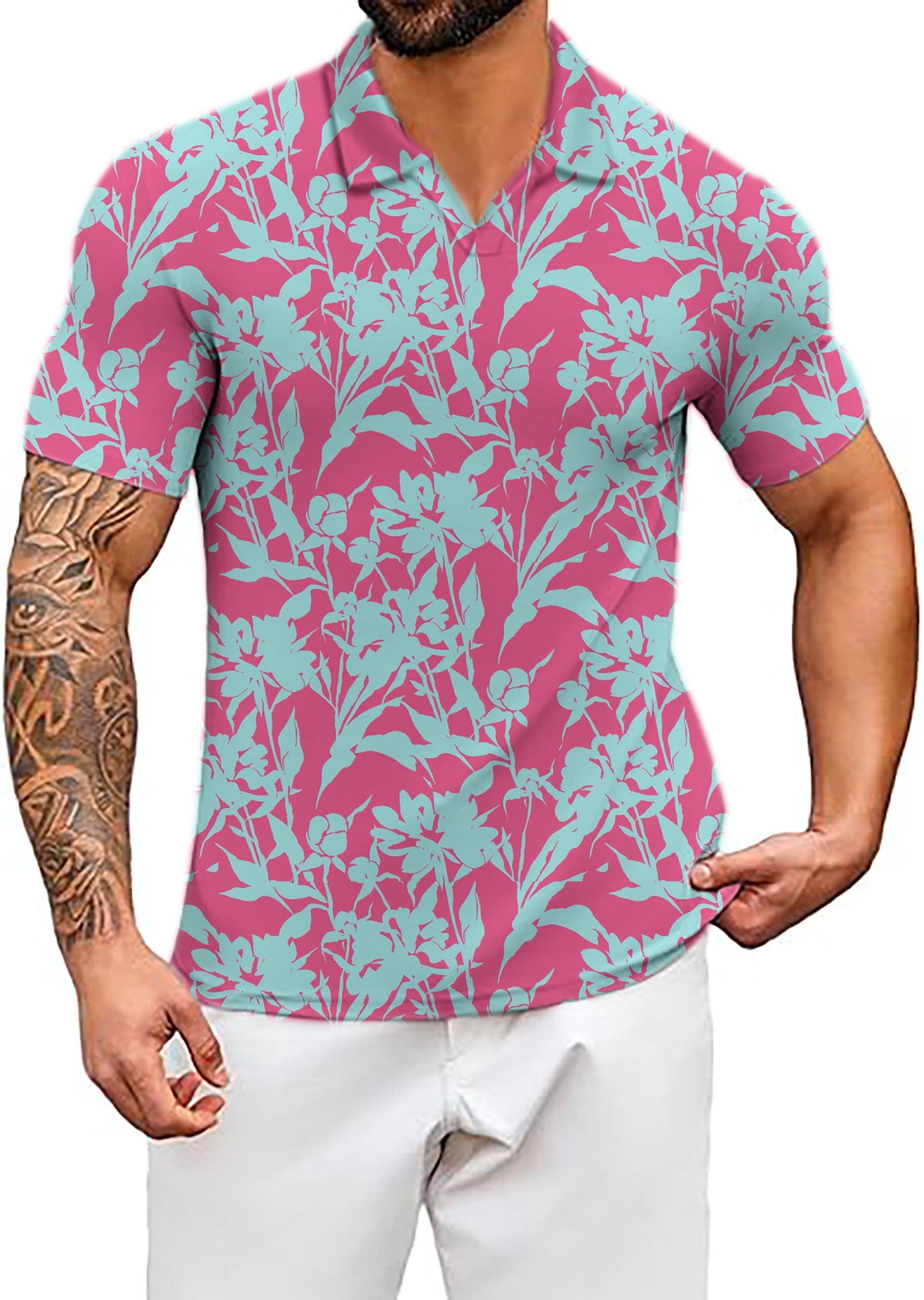 Men's Blue Botanical V Neck Golf Polo Shirts