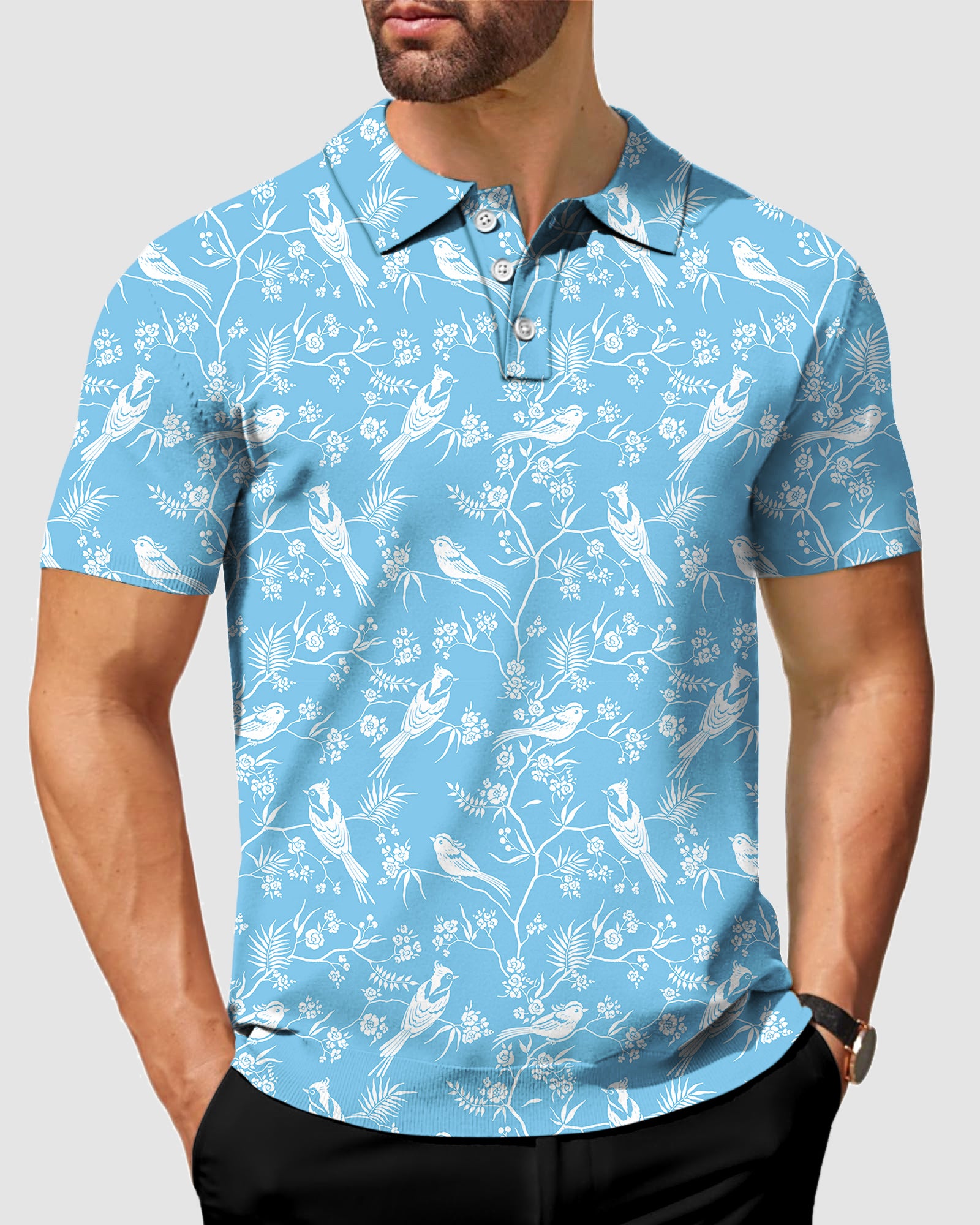 Men's Blooming Branches Trees and Birds golf polo