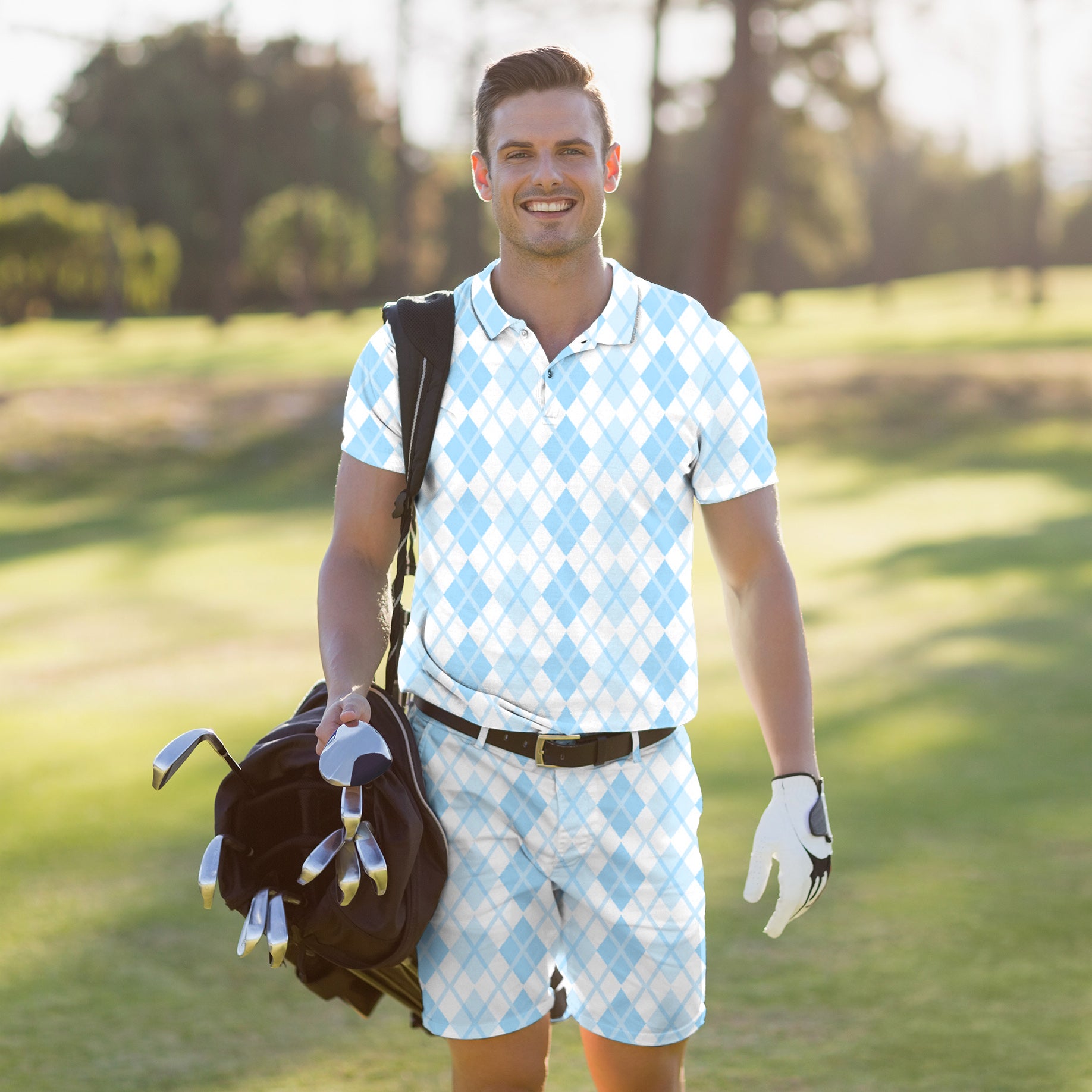 Men's Golf Set Polo+Shorts Argyle bule grid