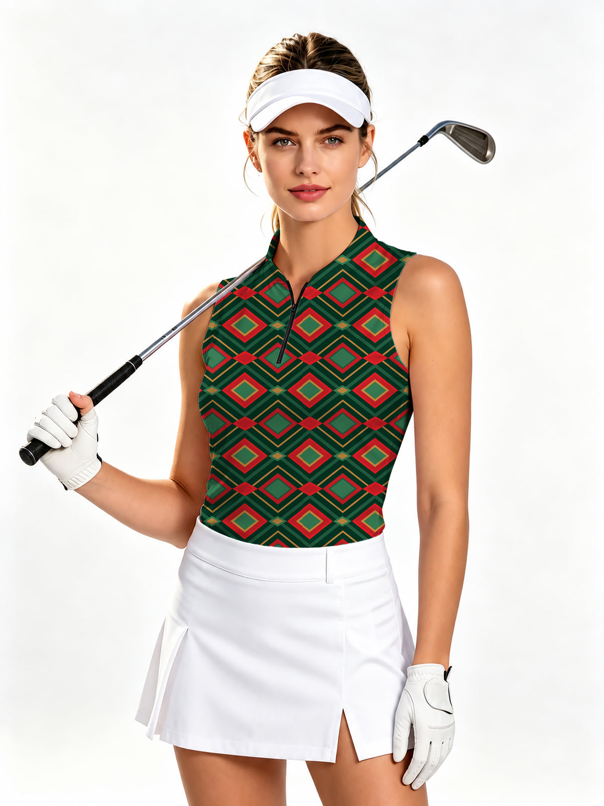 Christmas Argyle Women's Quarter Zip Mock Neck Sleeveless Golf Athletic Blouse
