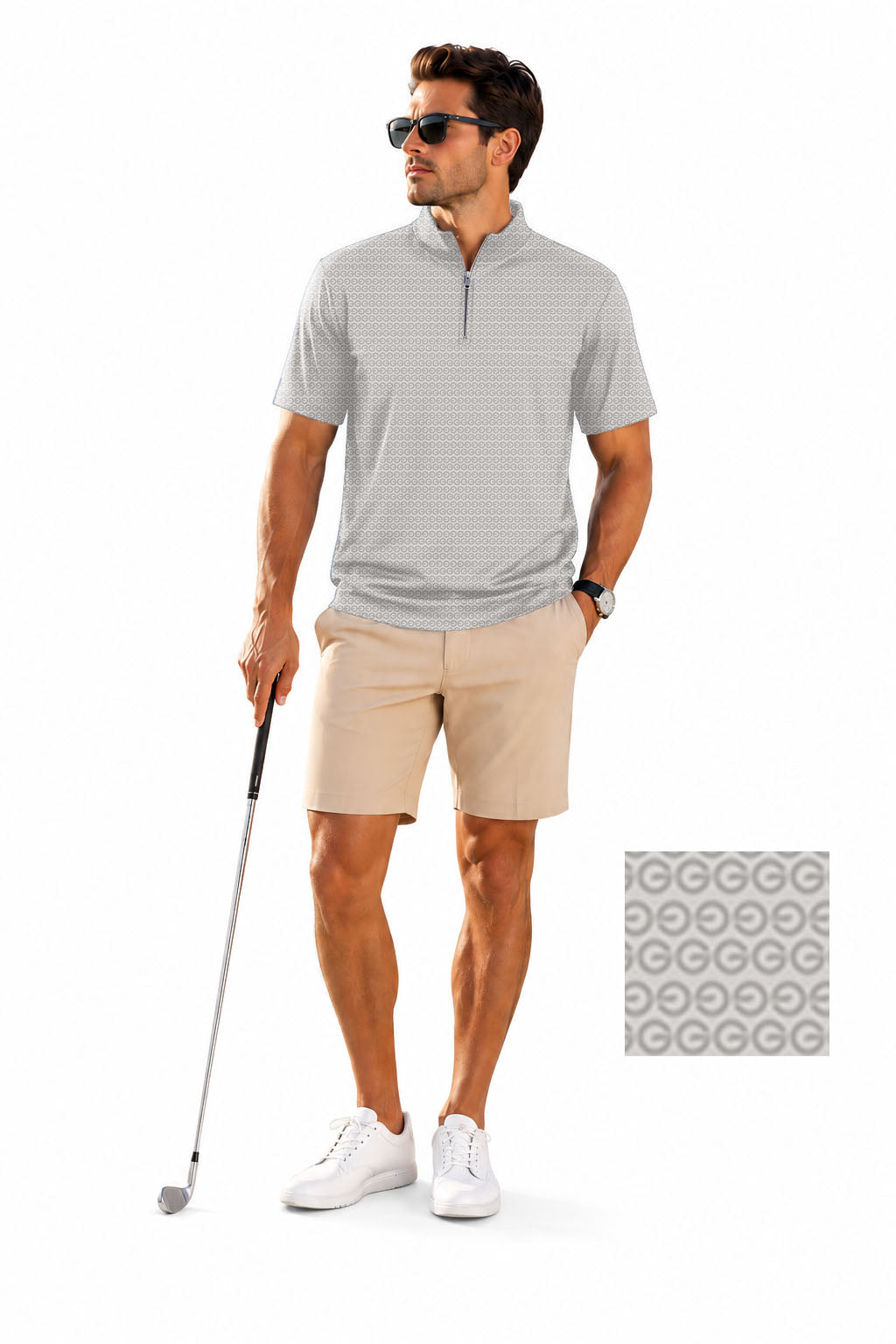 Men's Short Sleeve Quarter Zip Golf Pullover   Beige G Embroidery