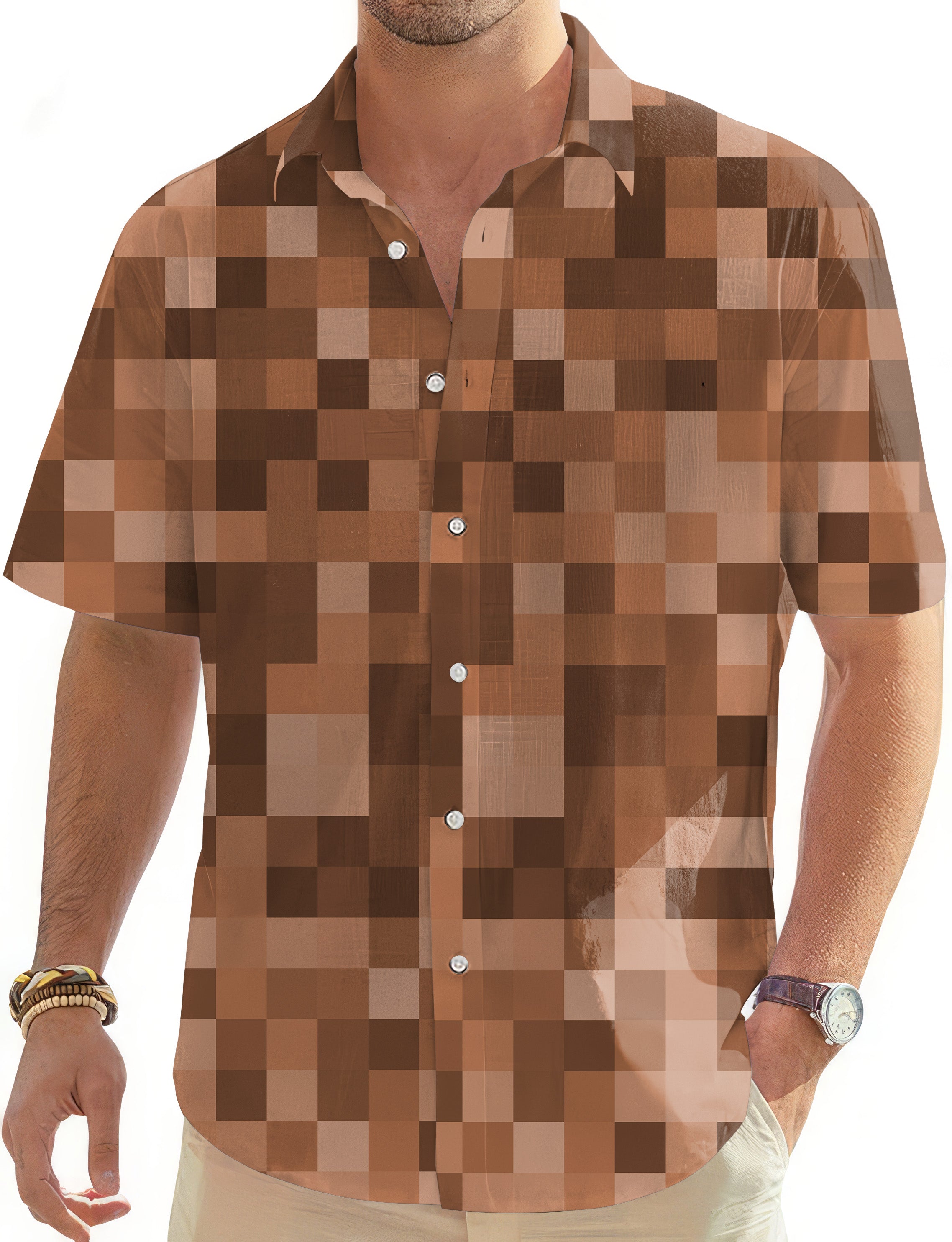 Brown Pixel Big Men's Golf Hawaiian Shirts Button Down Shirt