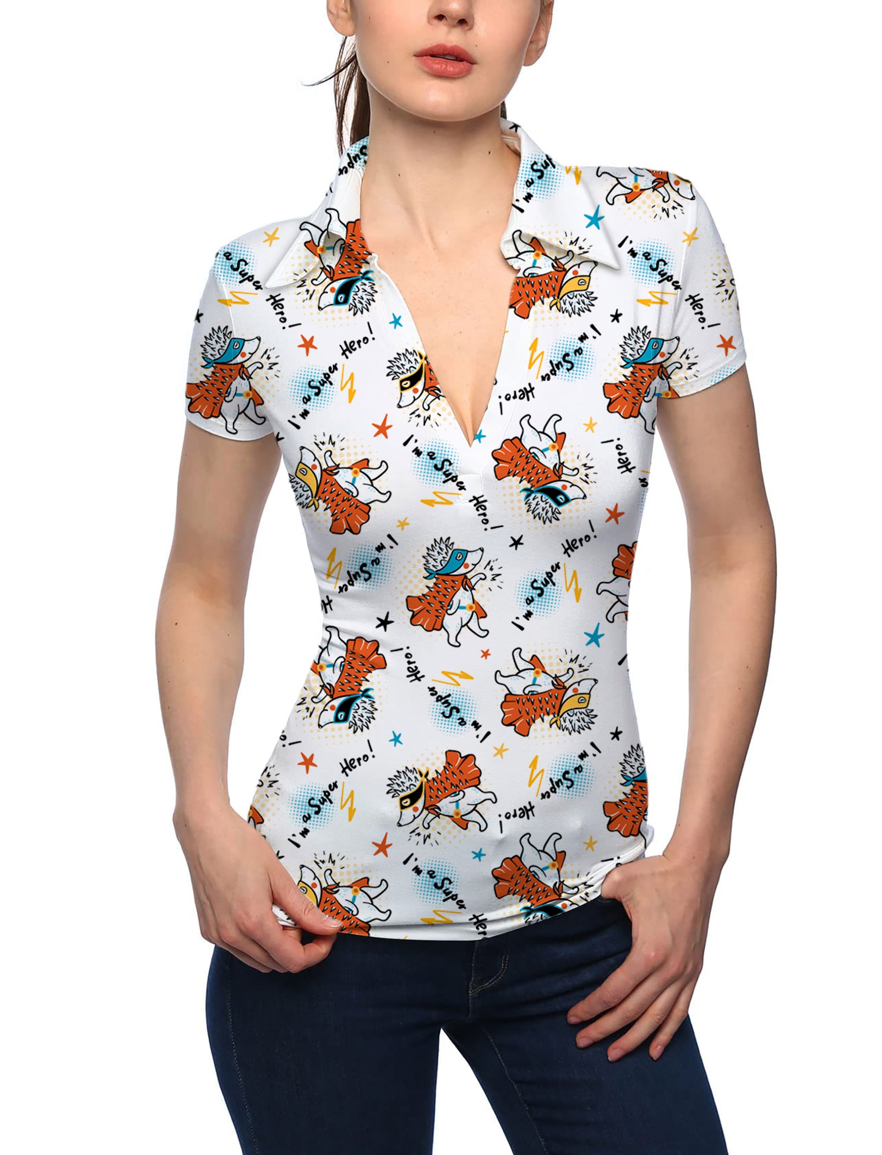 Women's Handsome Hedgehog V Neck Golf Polo