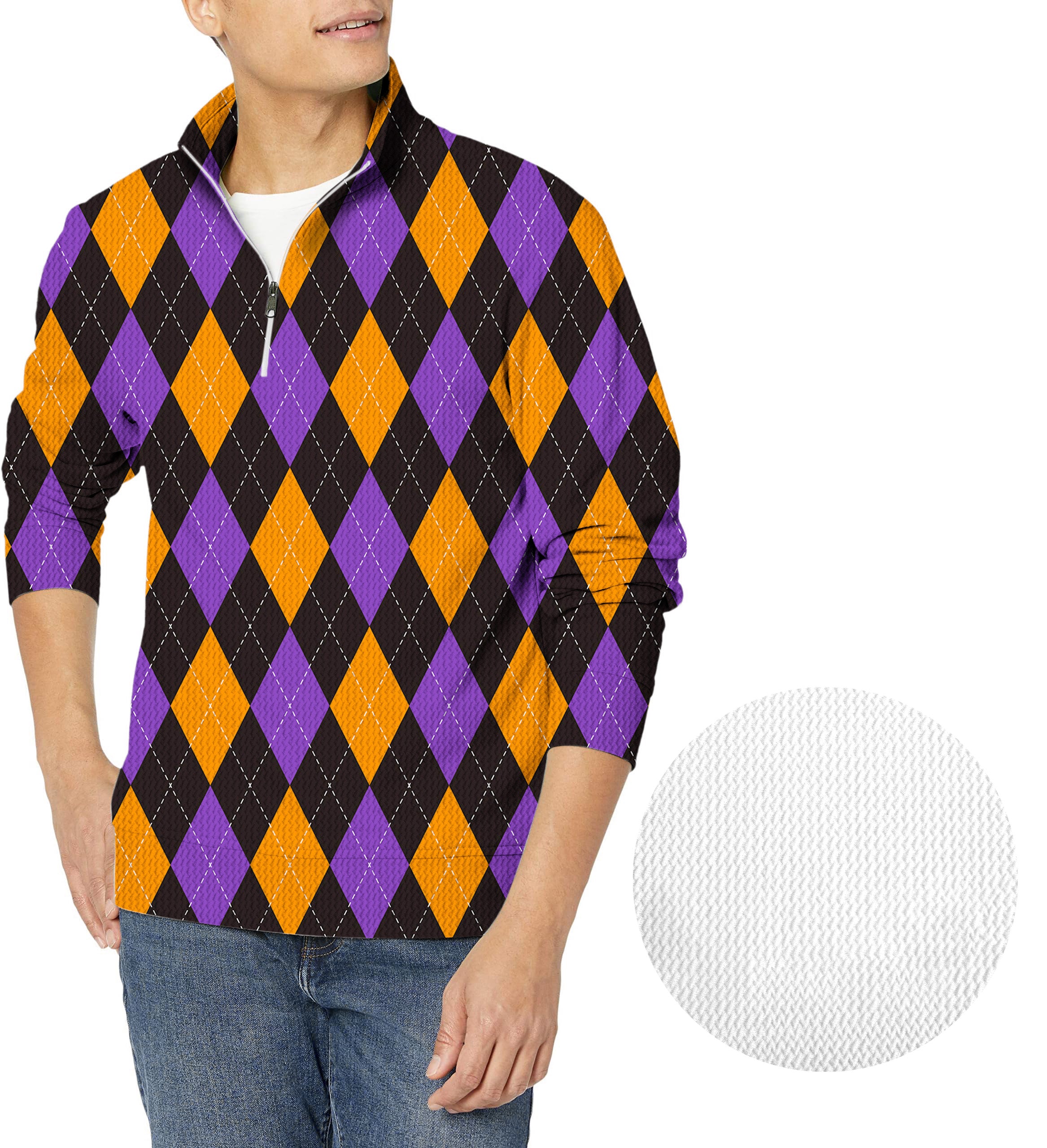 Orange purple and black argyle-Men's Golf Waffle Zipper Pullover