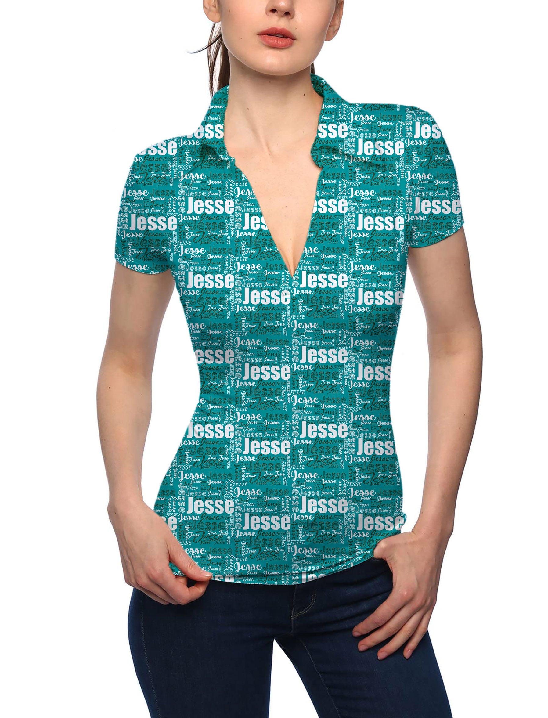 Women's Custom name teal V Neck Golf Polo