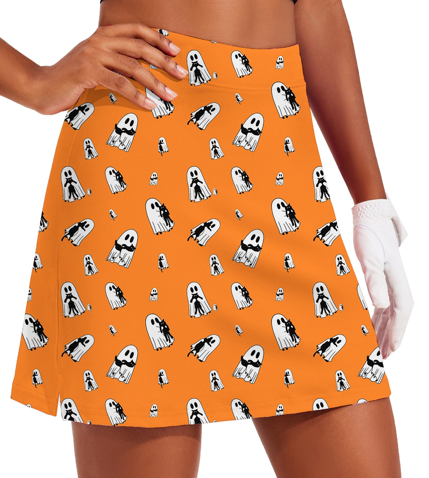 Women's -Halloween Ghost Hug Cat Custom The Background Color Golf Skirts Inner Shorts Pocket