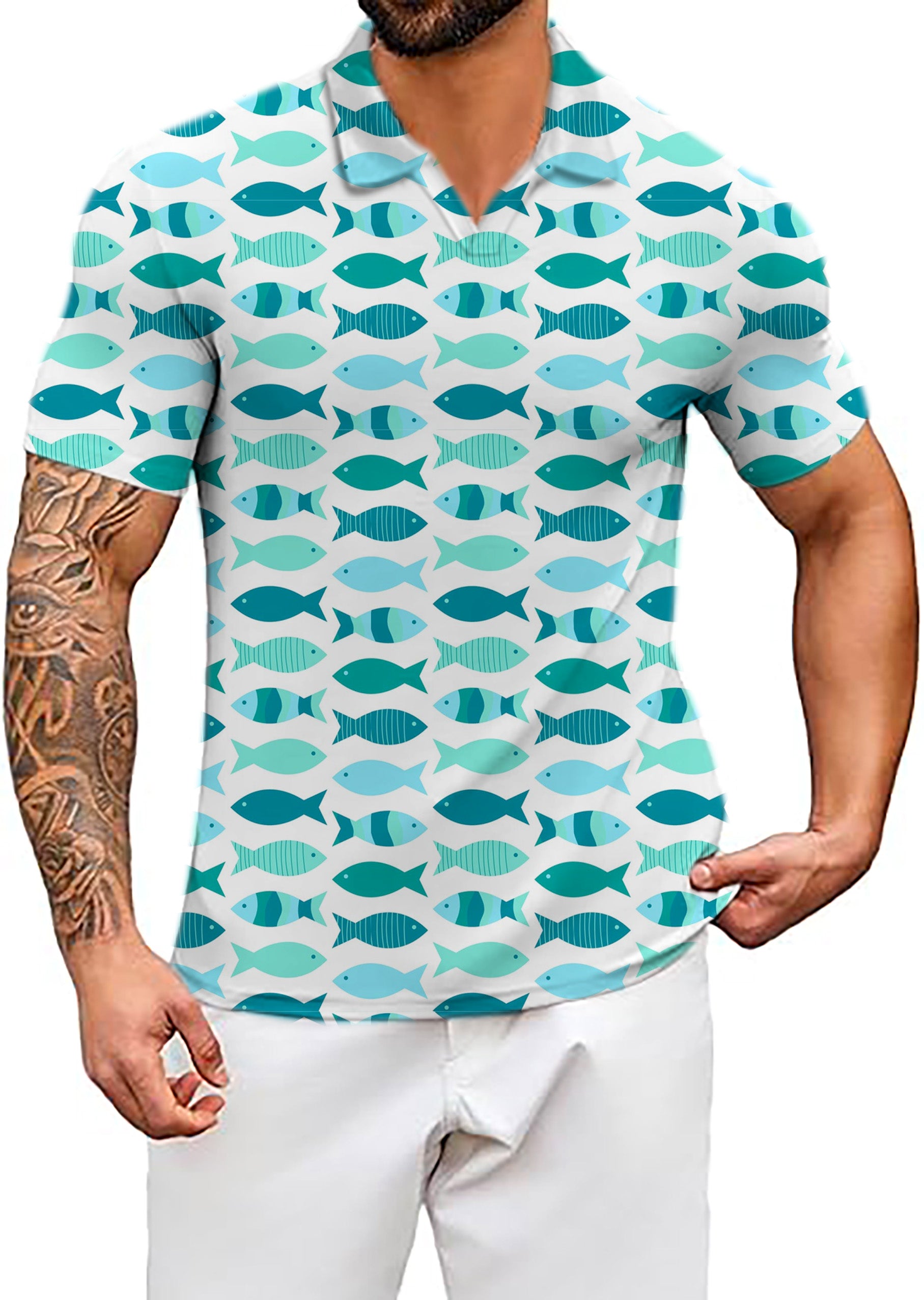 Men's Fish Pond V Neck Golf Polo Shirts