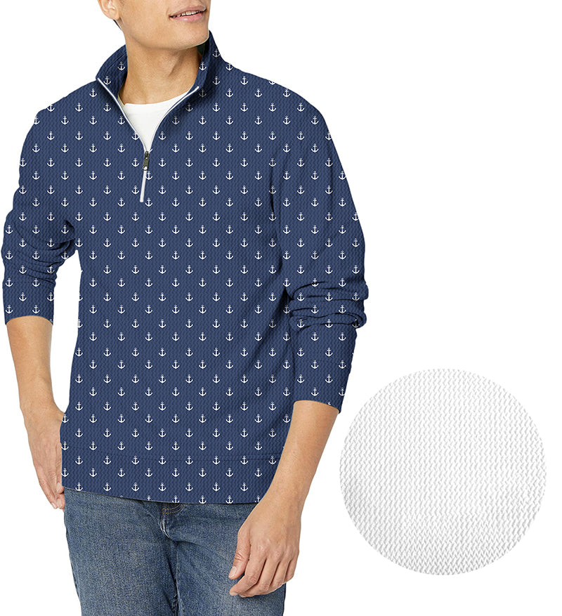 Dark blue men's golf pullover with anchor pattern and waffle texture