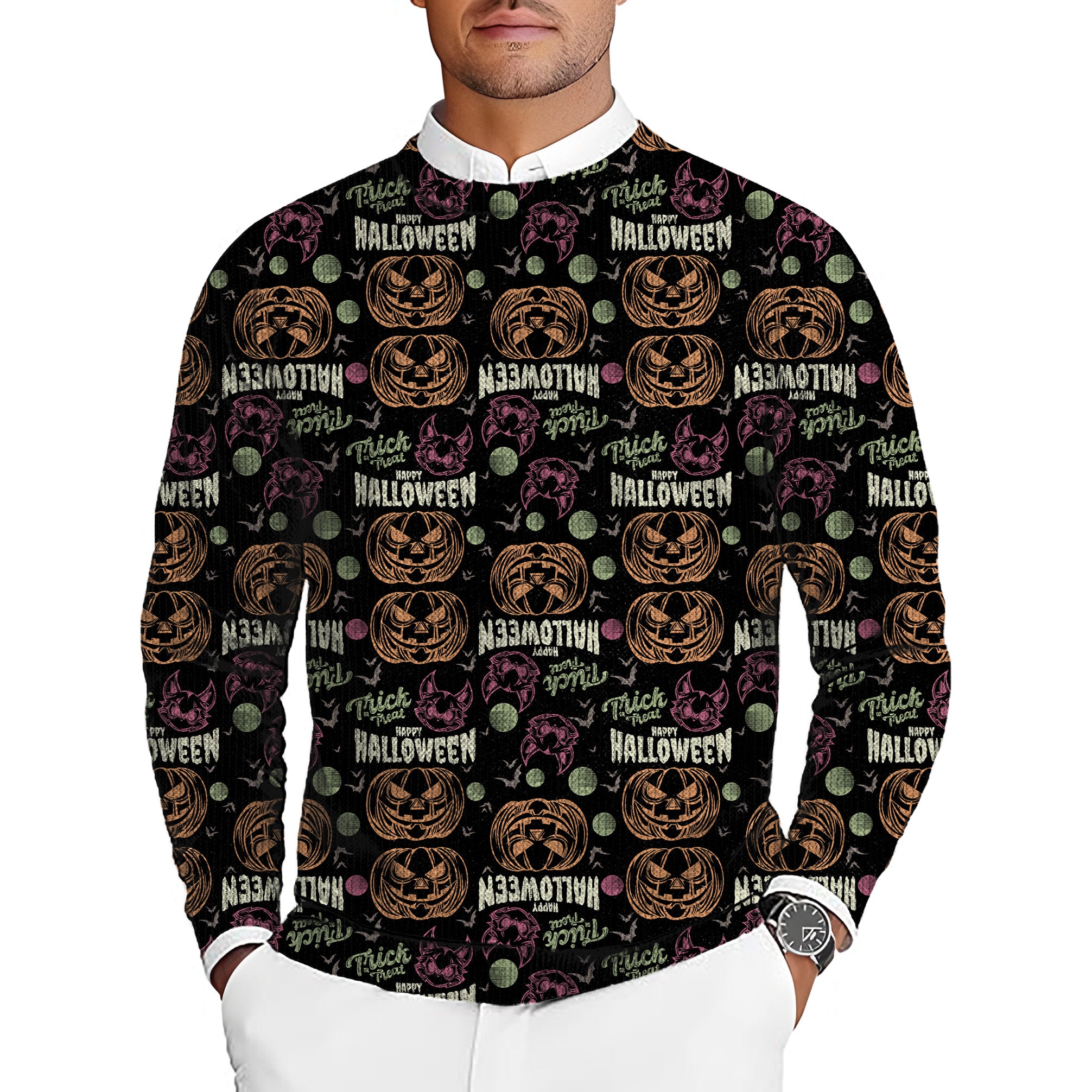 Happy Halloween Colorful Pumpkin Men's Golf Crewneck Pullover Sweaters Ugly Sweater