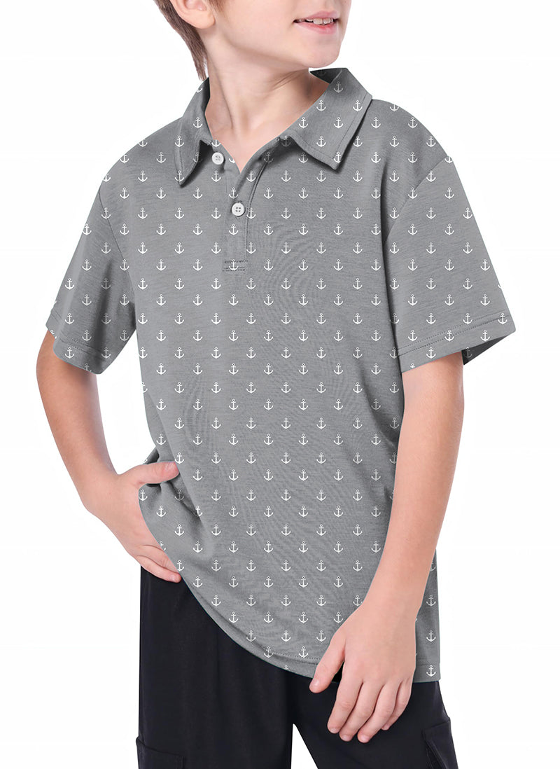 Youth light gray anchor golf polo worn by boy, moisture-wicking, stretchy, wrinkle-resistant fabric with anchor pattern