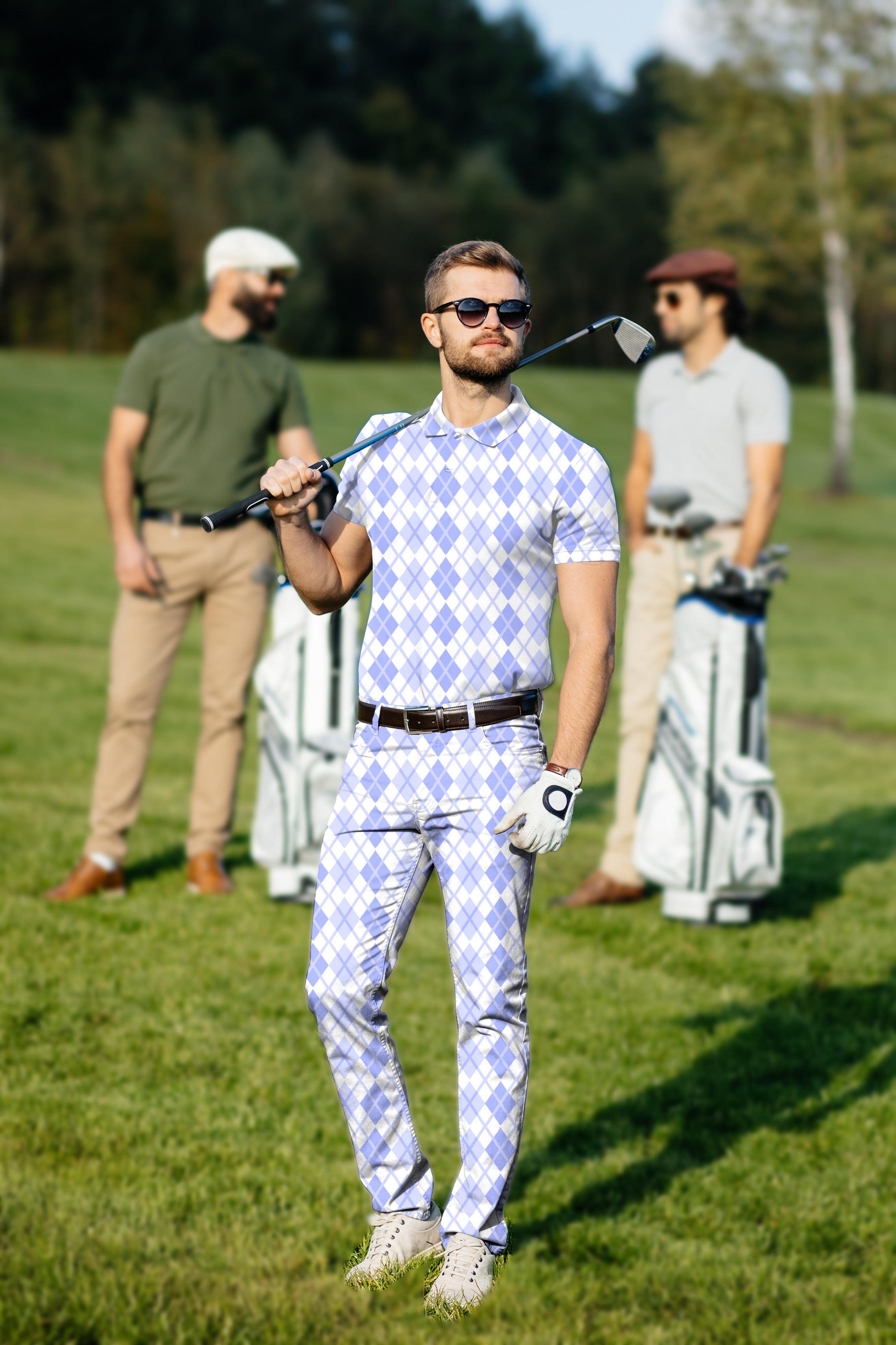 Men's Golf Set Polo+Pants Argyle purple grid