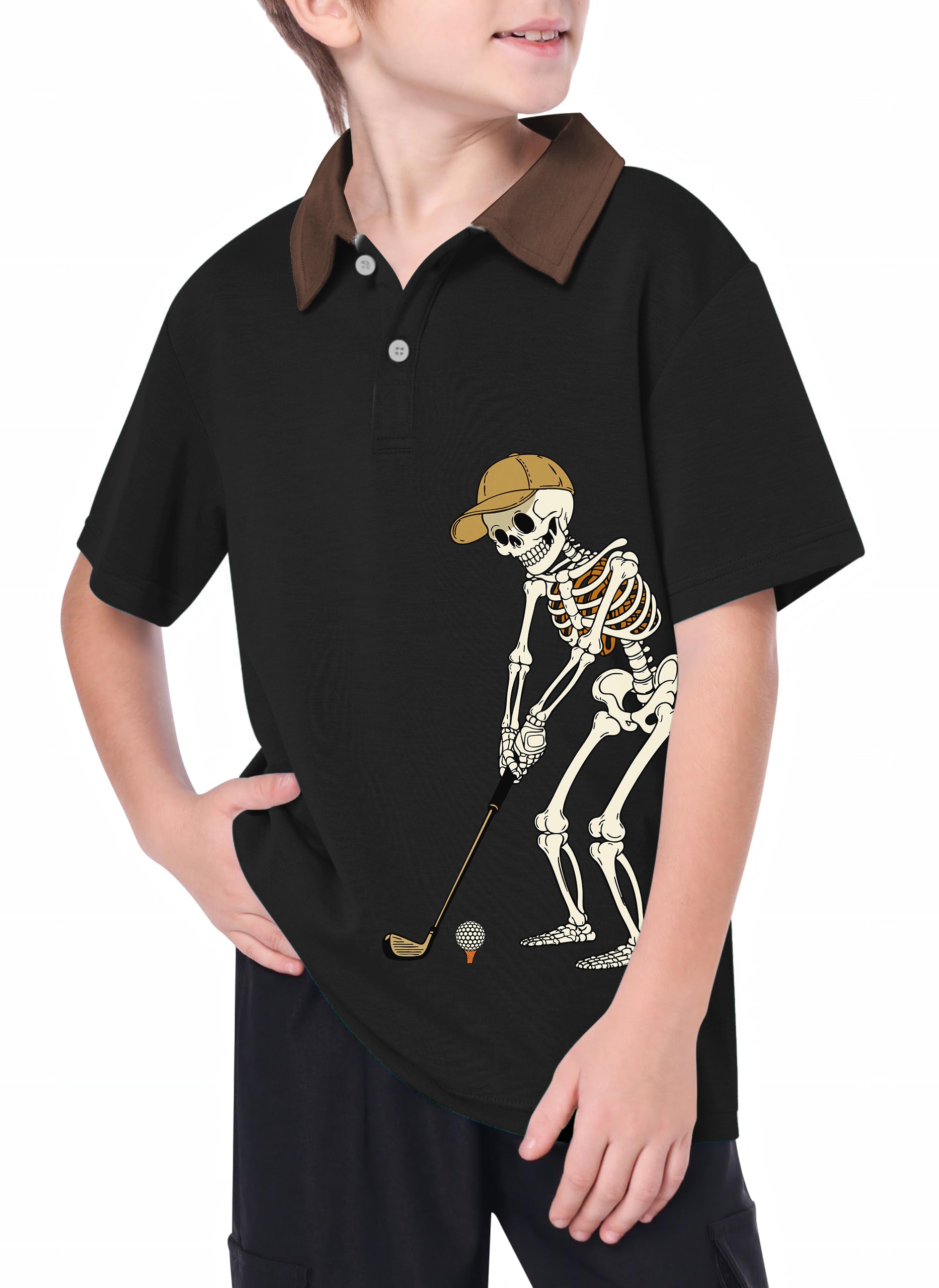 Youth Yellow Black Brown Halloween Skeleton Golf Golf Polo