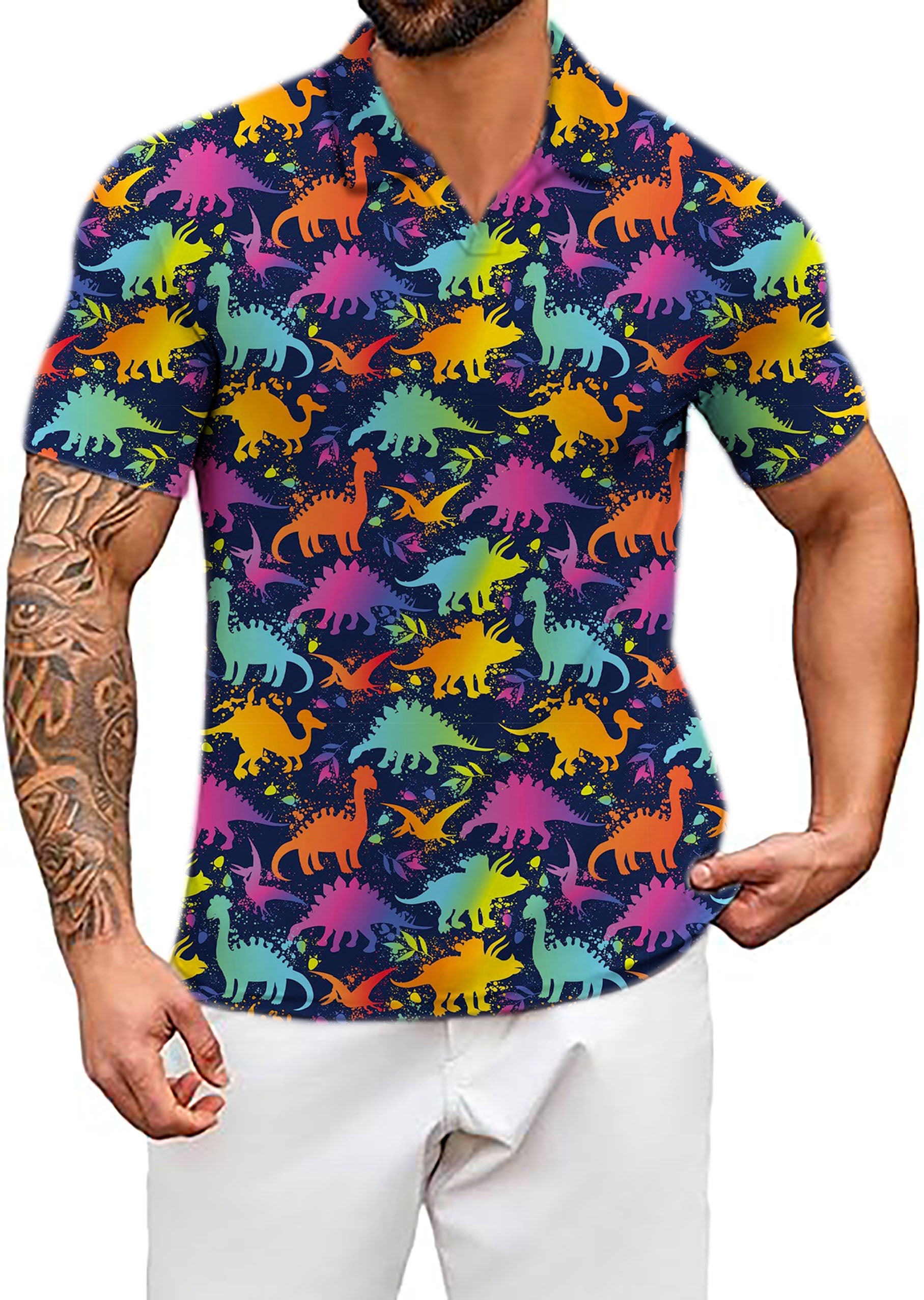 Men's Dinosaur Party V Neck Golf Polo Shirts