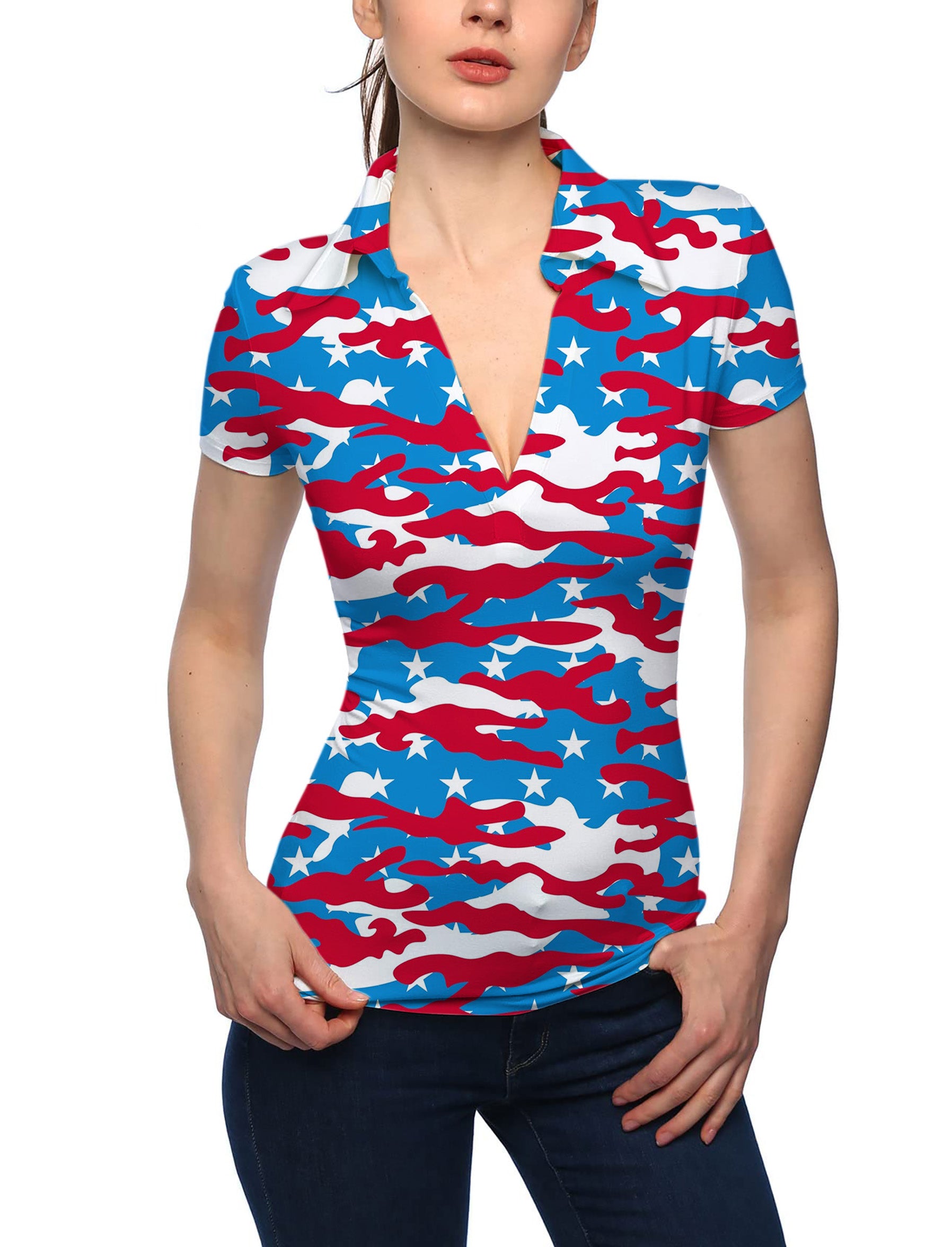 Women's Patriotic Camo V Neck Golf Polo