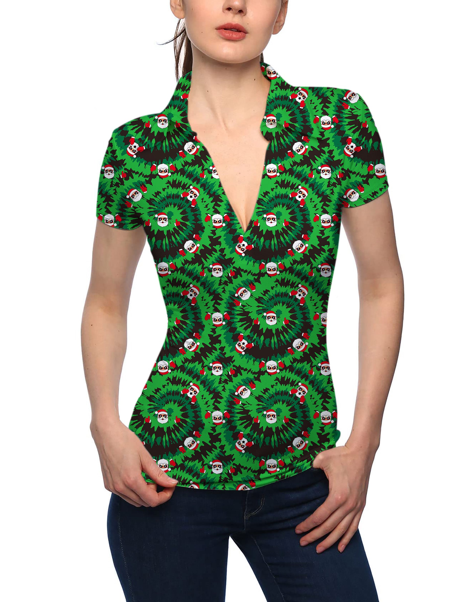 Women's Christmas Santa V Neck Golf Polo