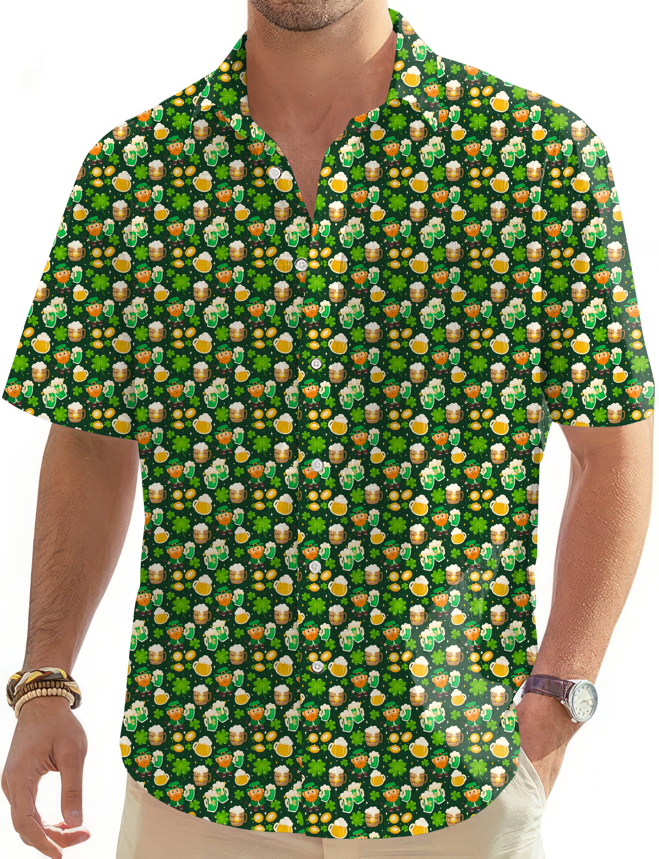 Green beer clover leaf St. Patrick's Day-Men's Golf Hawaiian Shirts Button Down Shirt
