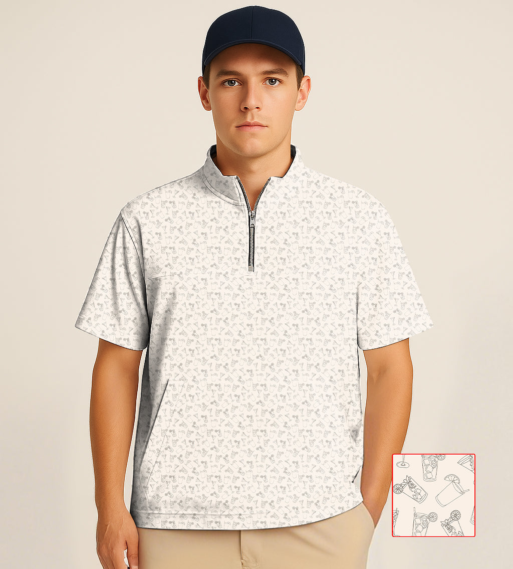 Man wearing beige half zipper turtleneck golf short sleeve shirt with juice embroidery and navy cap