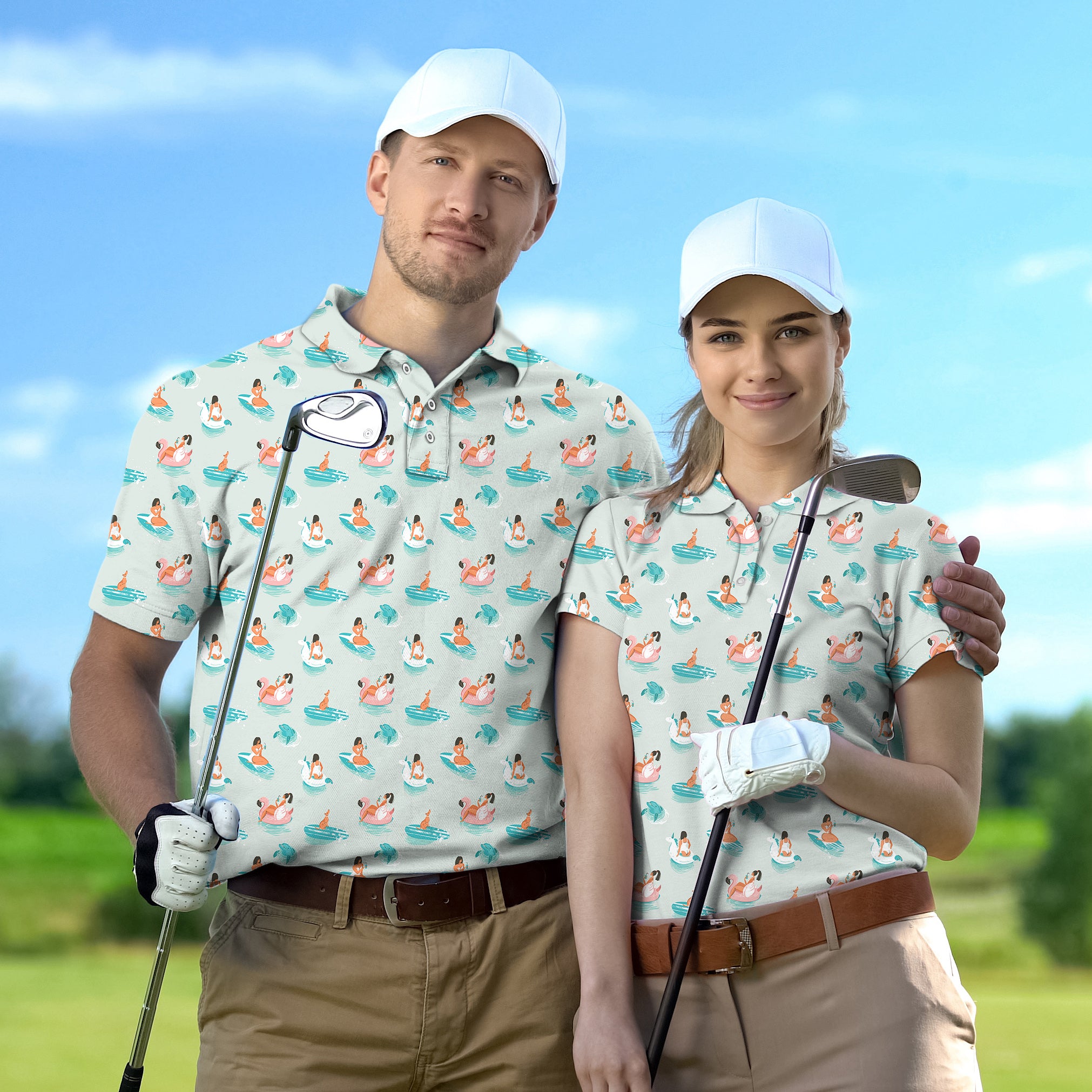 Golf Polo Couple Family set Girl playing on the water tournament