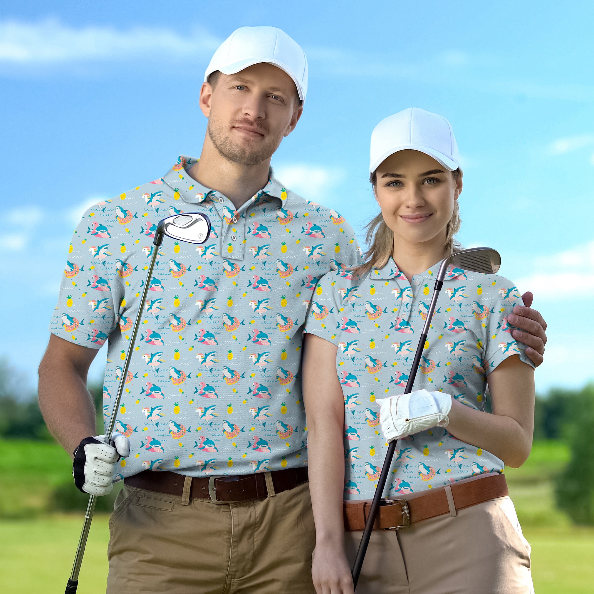 Golf Polo Couple Family set Shark Flamingo Unicorn tournament