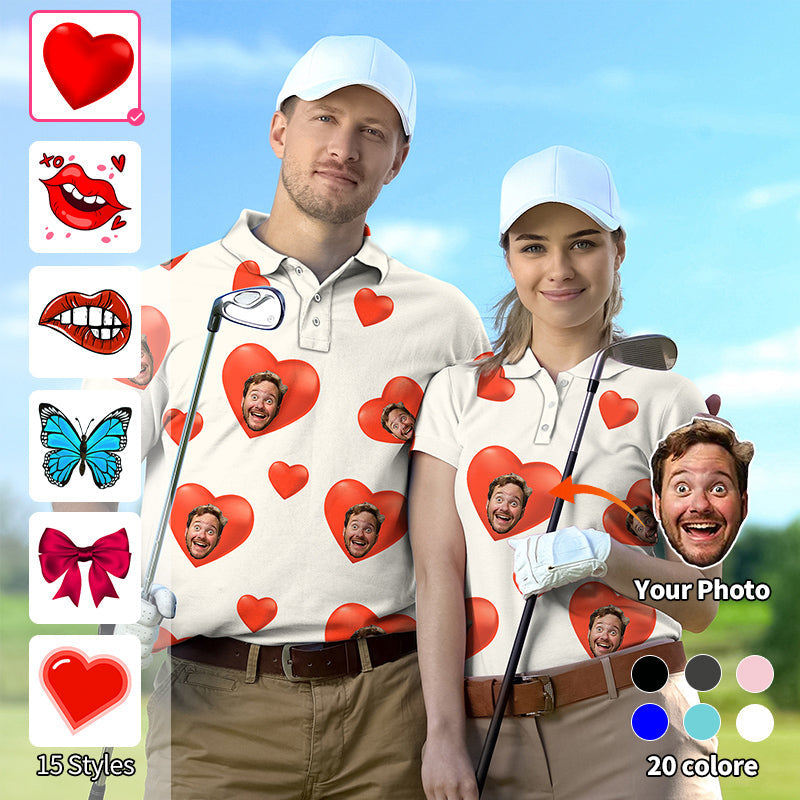 Valentine's Day custom photo face golf polo shirts with heart patterns, personalized and comfortable for tournaments and casual wear