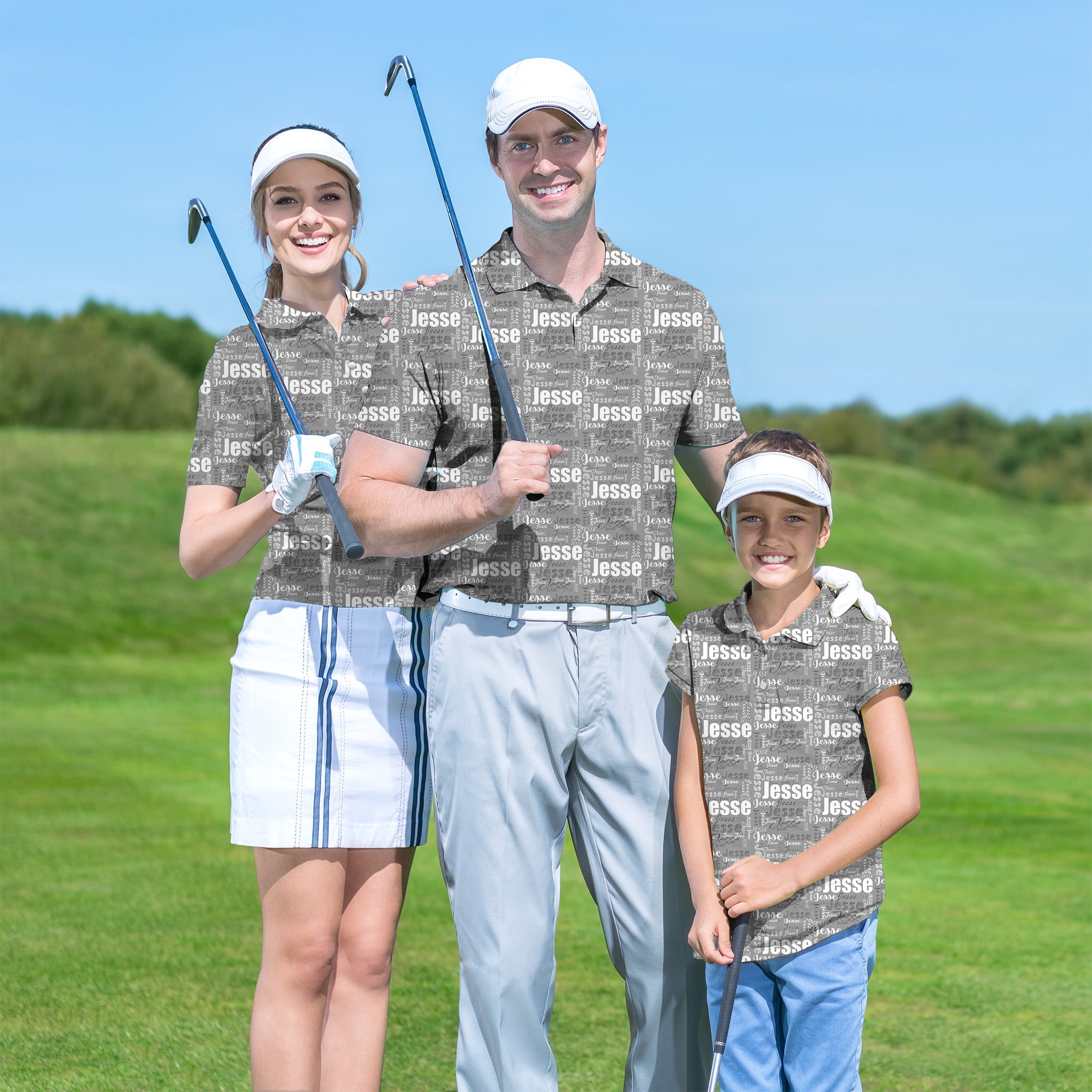 Custom name grey Golf Polo Men Women youth family set