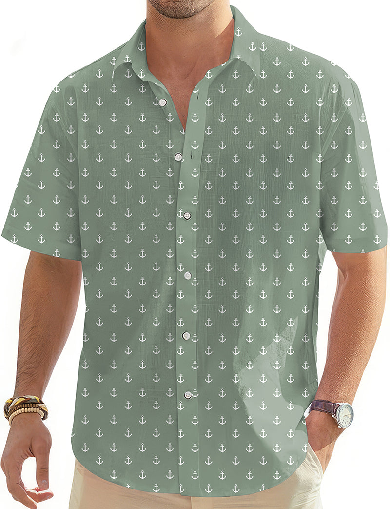 Light green anchor print men's golf Hawaiian button-down shirt with short sleeves and classic collar