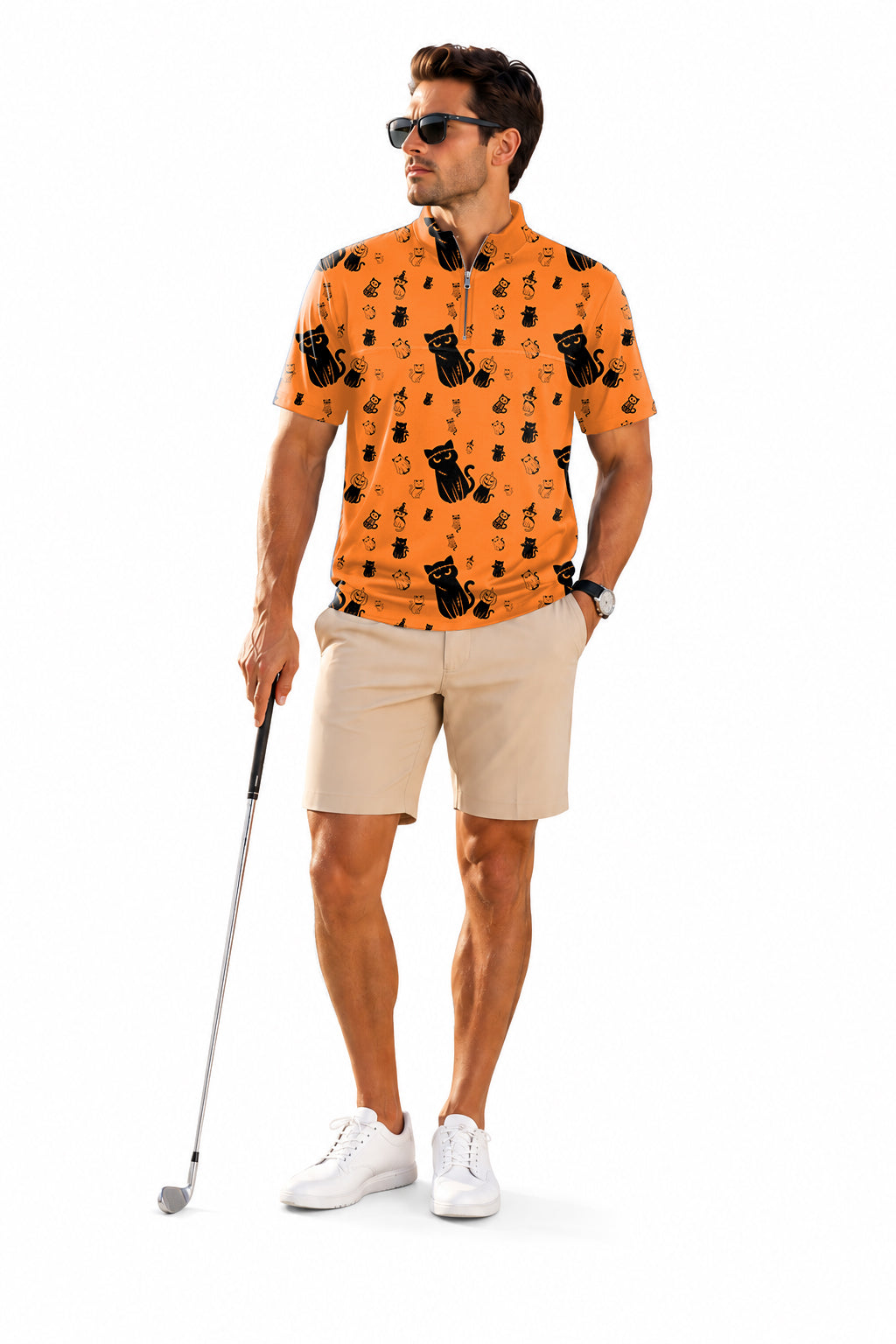 Men's Short Sleeve Quarter Zip Golf Pullover   Halloween Cute Cat Custom The Background Color Embroidery