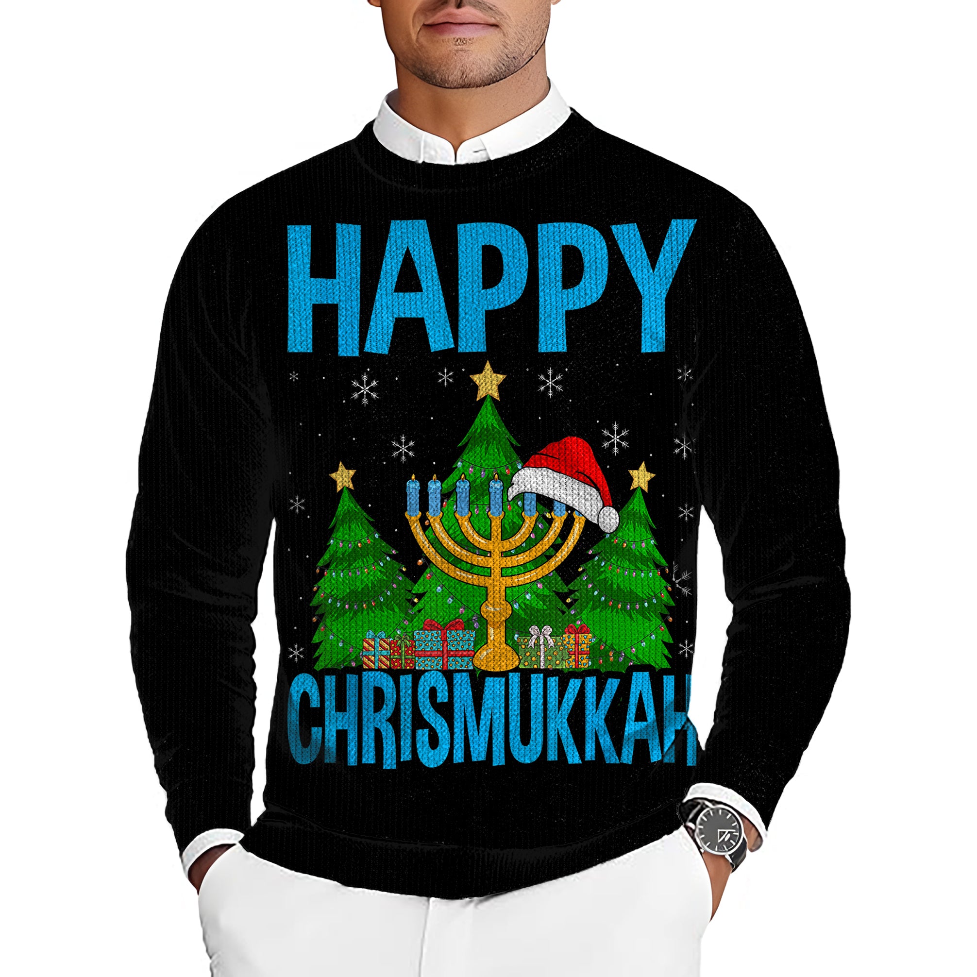 happy Christmas tree Men's Golf Crewneck Pullover Sweaters Ugly Sweater