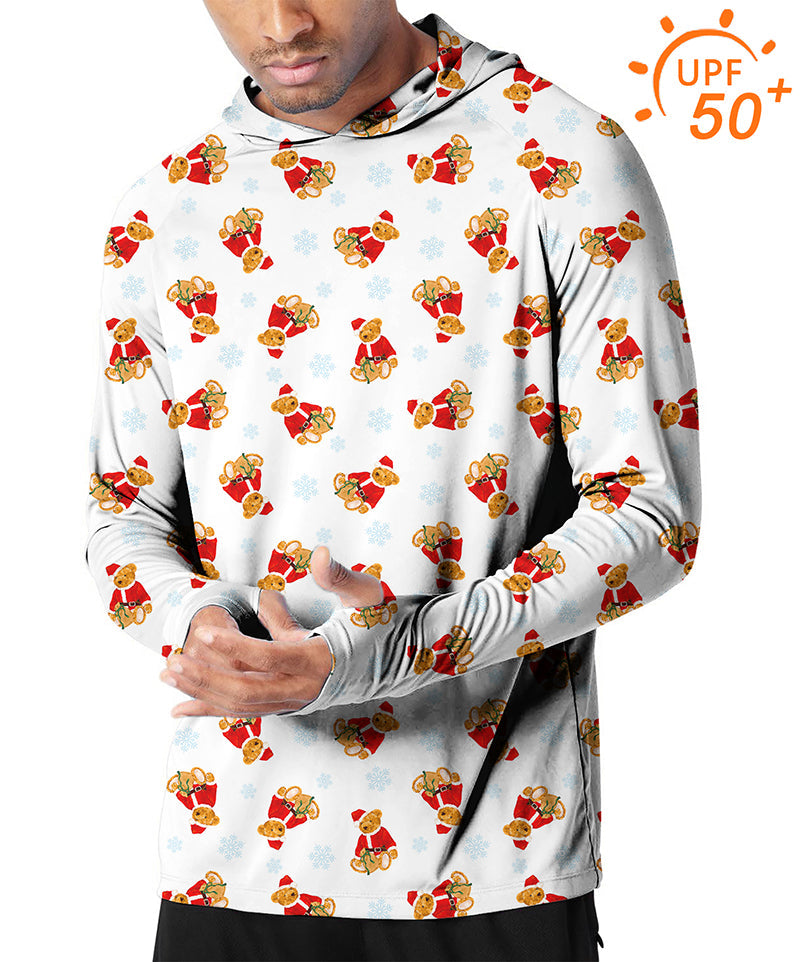 Men's slim fit outdoor golf hoodie with Christmas teddy bear print and UPF 50+ sun protection