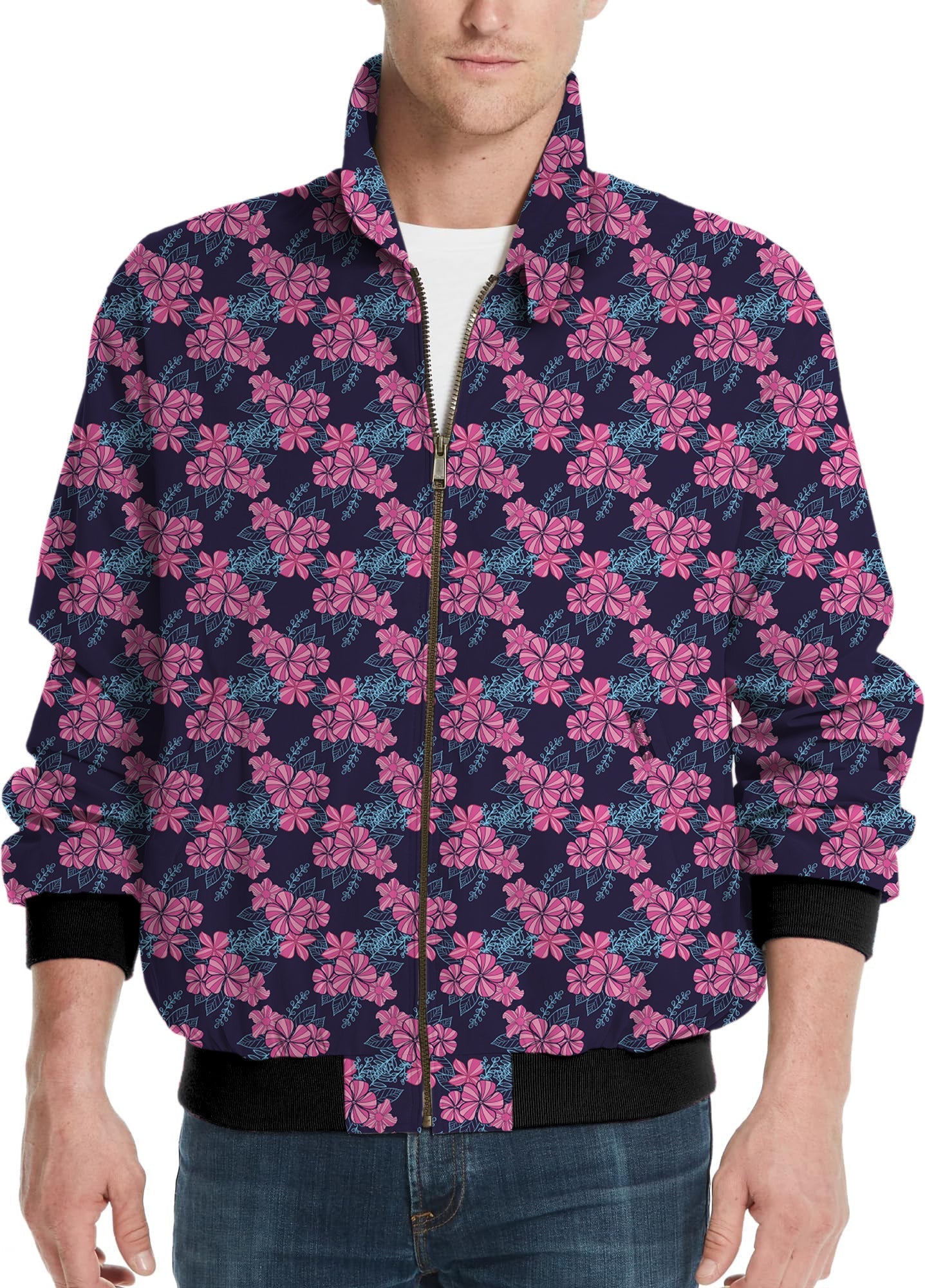 Men's Blossom Burst golf windbreaker jacket with pink floral pattern and black cuffs