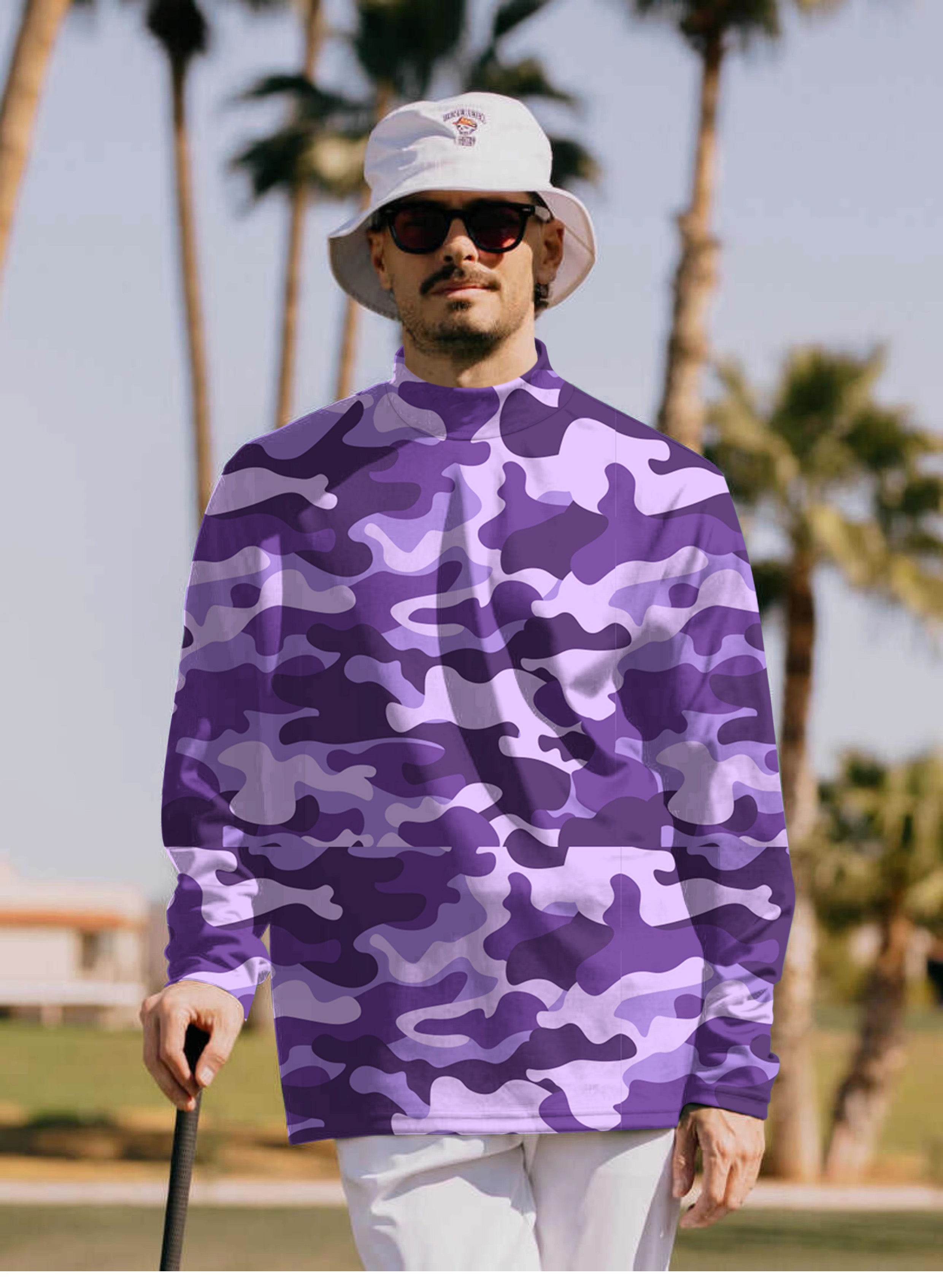 Men's Purple Camo Pullover High neck Long/Short sleeve T-Shirt