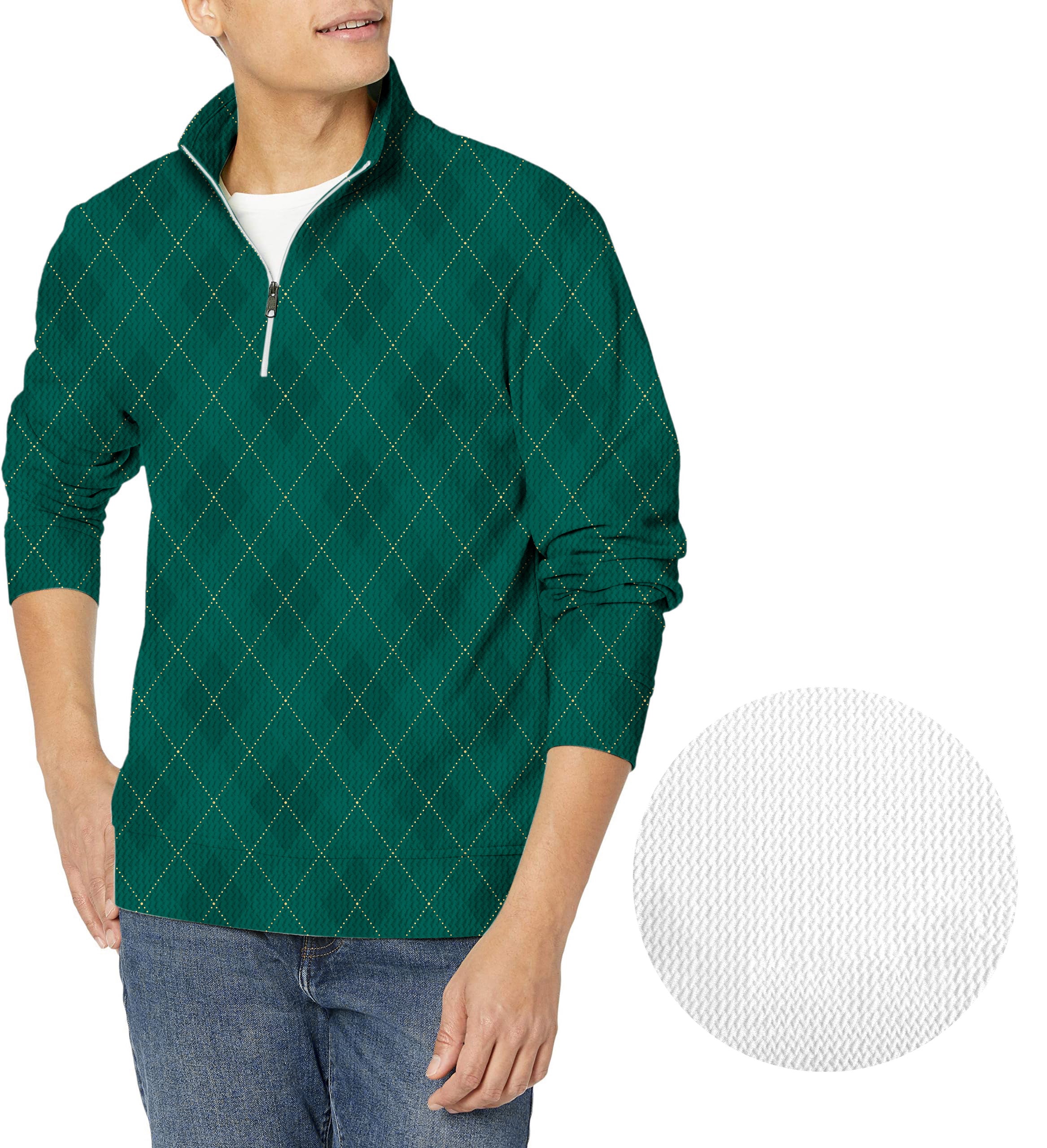 Green diamond grid-Men's Golf Waffle Zipper Pullover