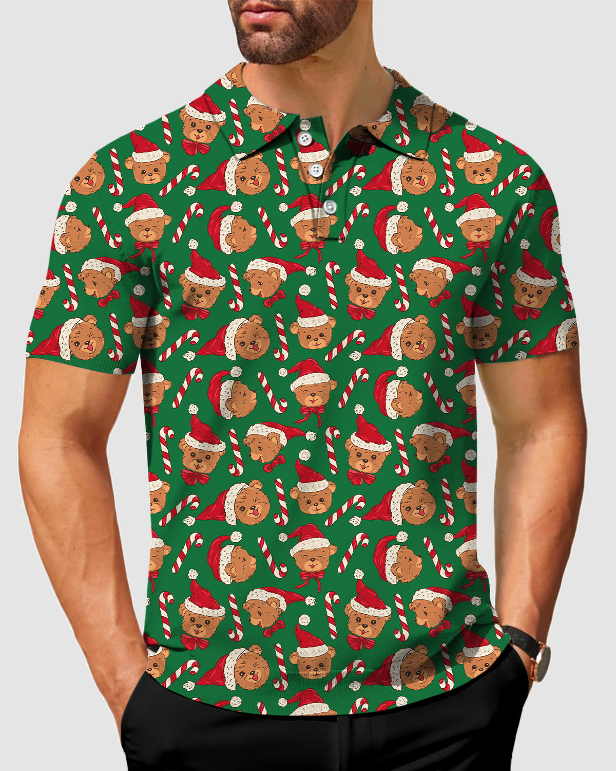 Men's Green Christmas Teddy Bear Polo