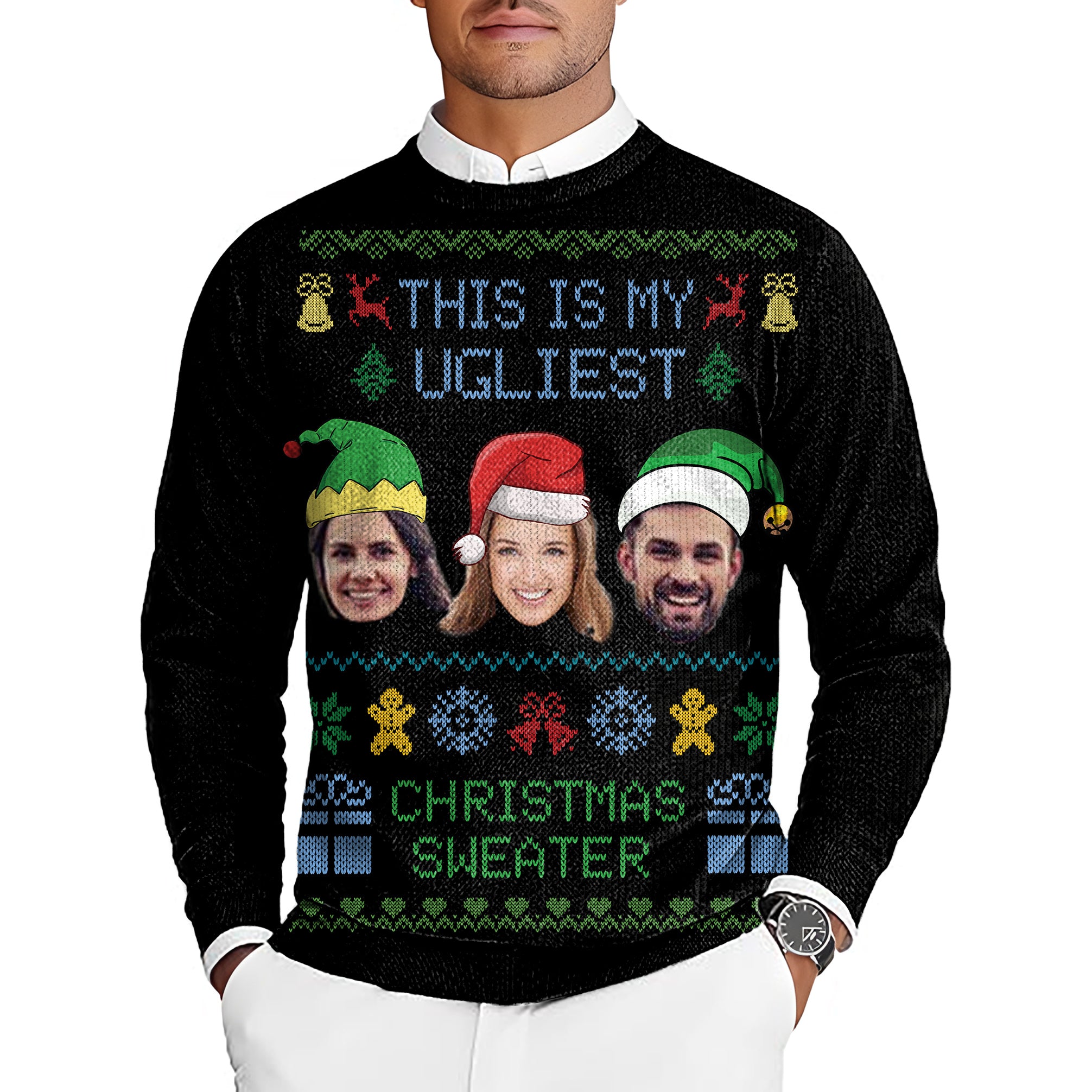 Black-Christmas Custom face Men's Golf Crewneck Pullover Sweaters Ugly Sweater