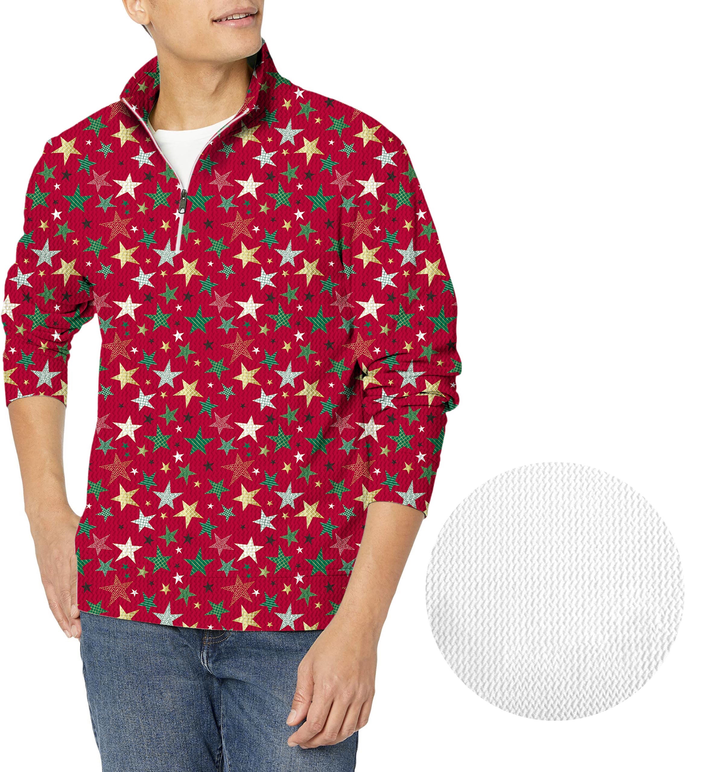Men's colorful stars Christmas golf waffle zipper pullover with star pattern and textured fabric close-up