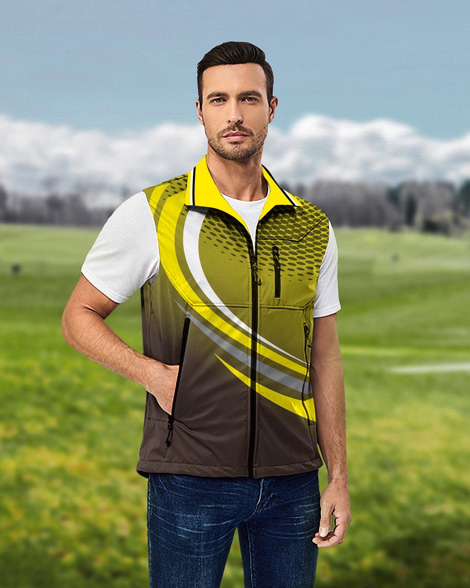 Men's Yellow Black Custom Sport Team Competition Uniforms Lightweight Softshell Vest Sleeveless Jacket for Golf Windproof Waterproof