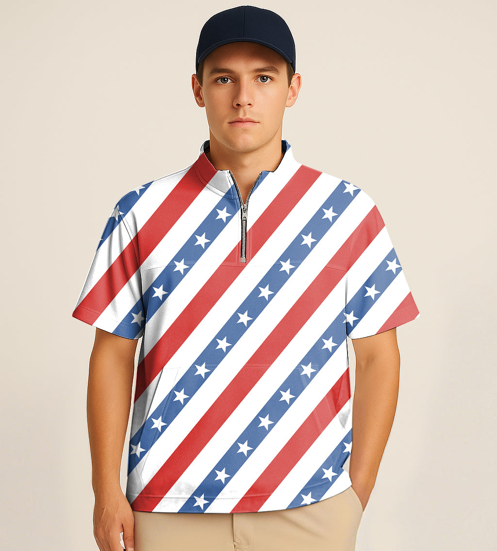 Half Zipper Turtleneck Golf Short Shirt American President Day Embroidery