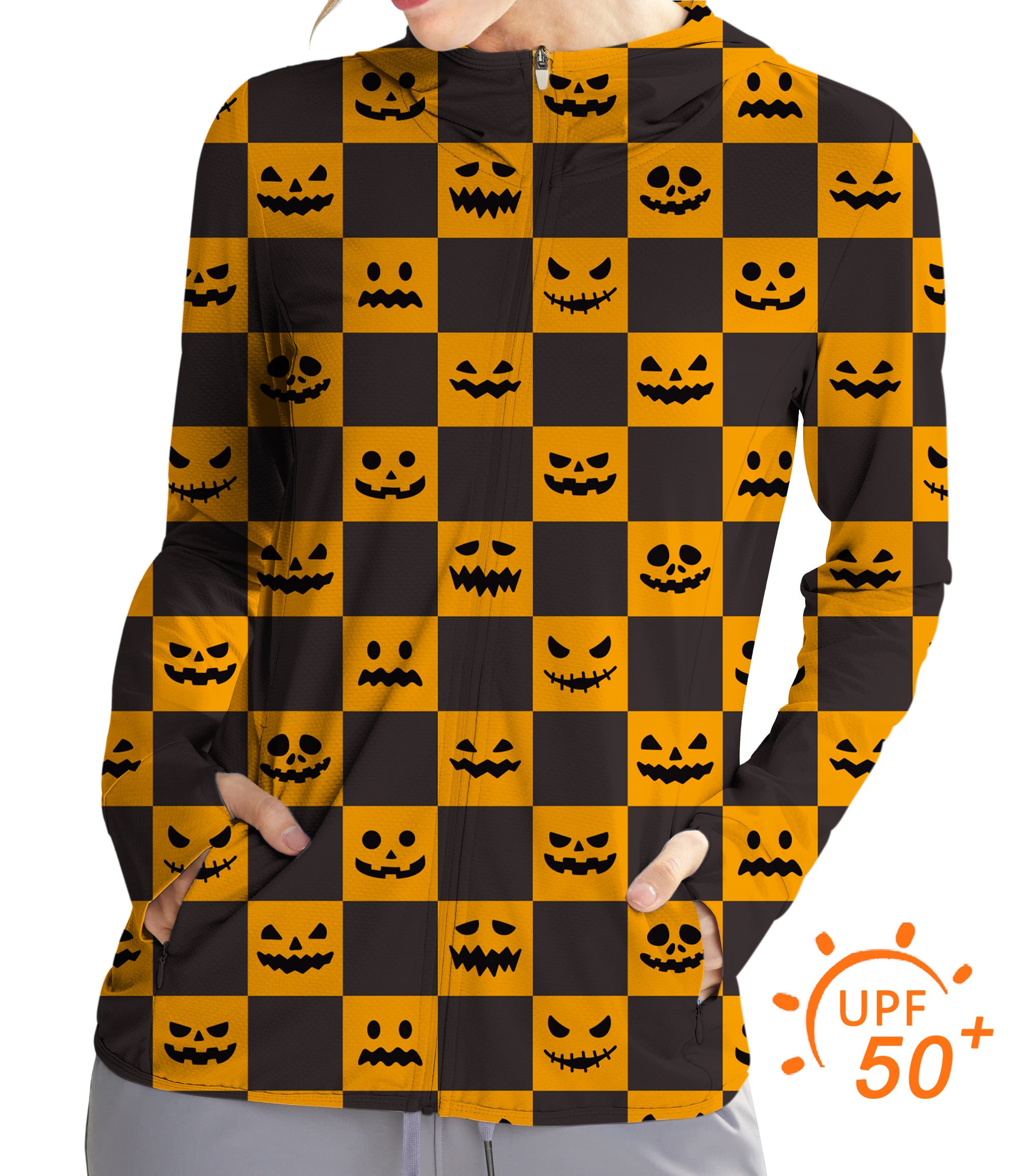 Women's Outdoor Halloween black and yellow checkerboard pumpkin Golf Sun Protection Slim Fit zip hoodies