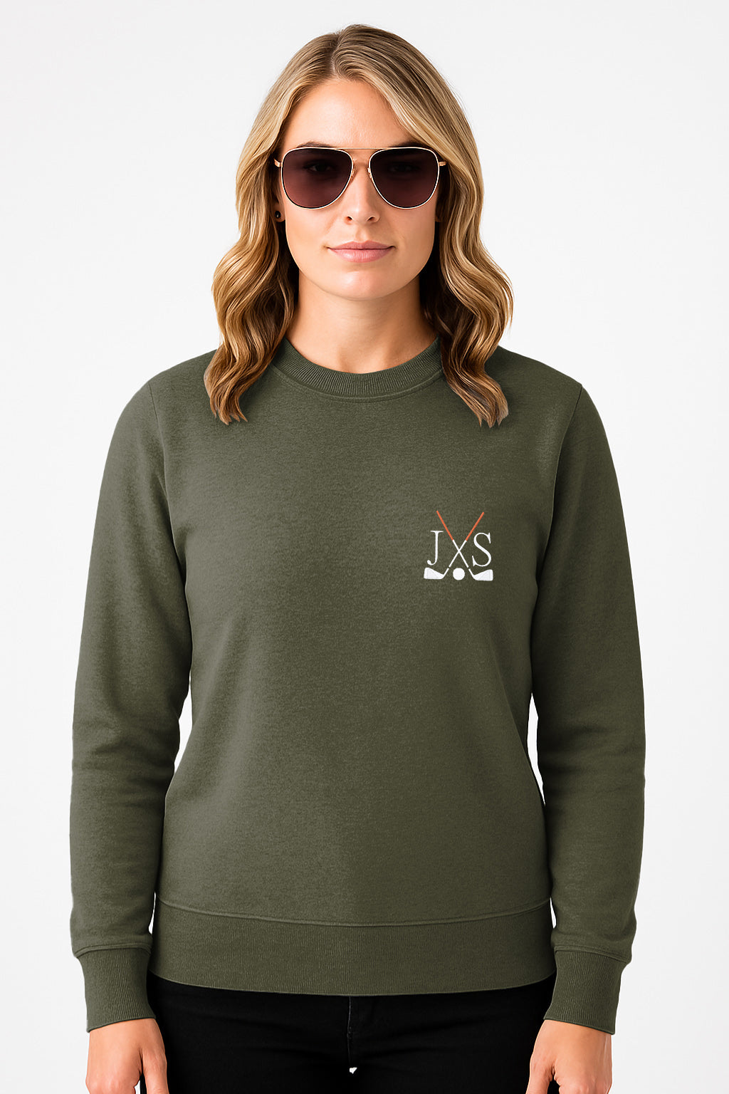Plus size green crew neck sweatshirt with embroidered golf clubs and initials, solid color embroidery design