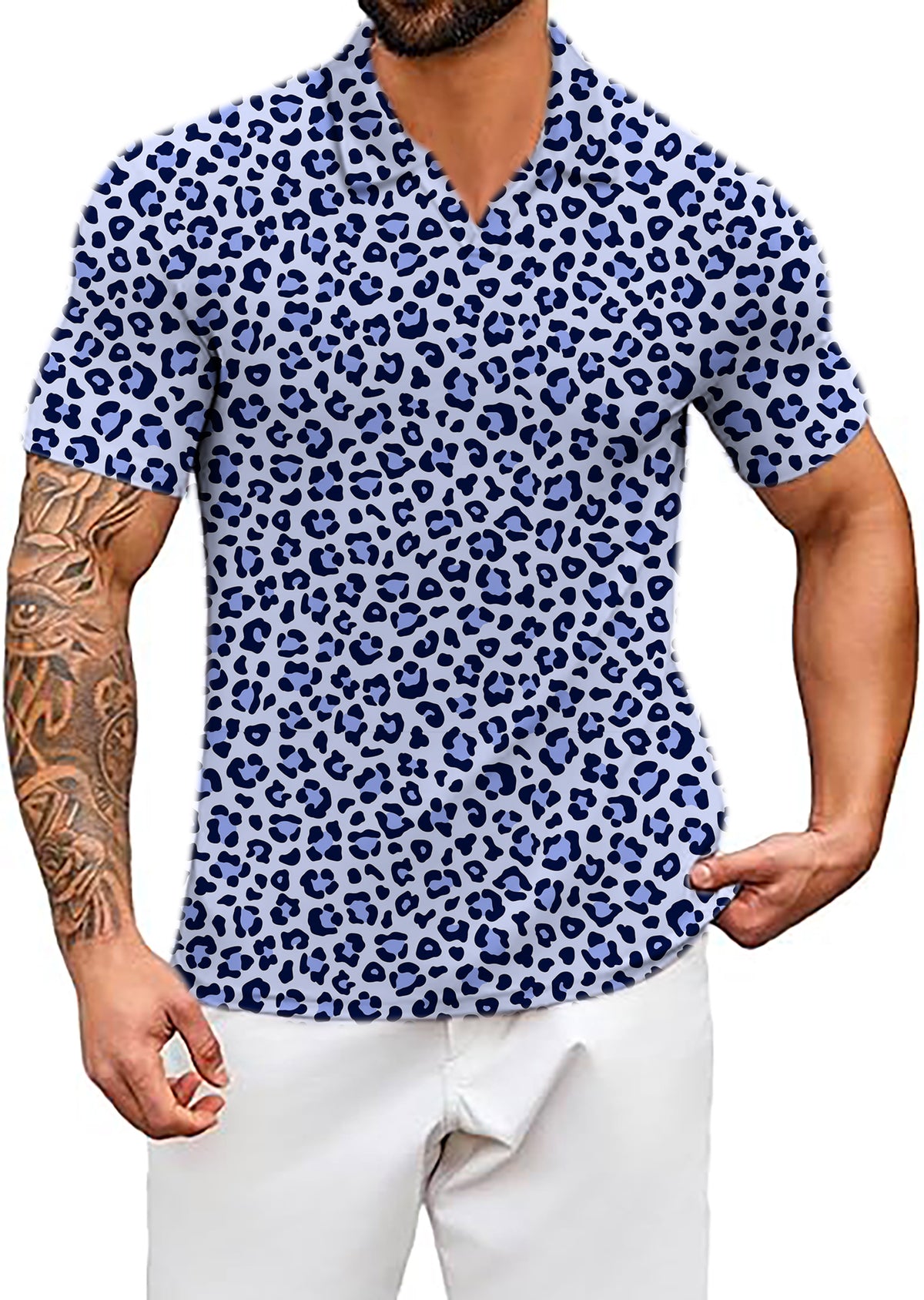 Men's purple leopard print V Neck Golf Polo Shirts