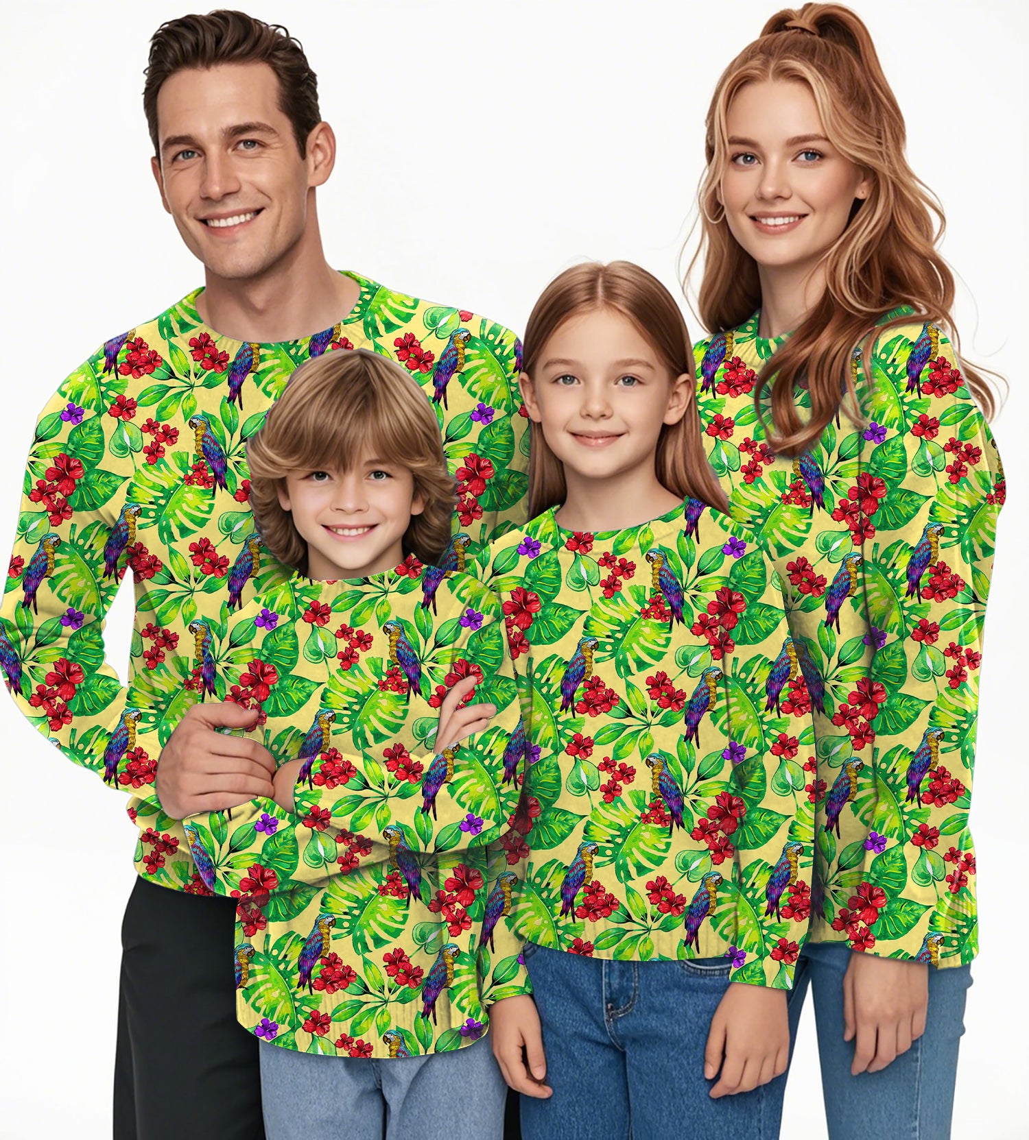 Toucan tropical flowers Crewneck Pullover Ugly Sweater Men Women boy girl family