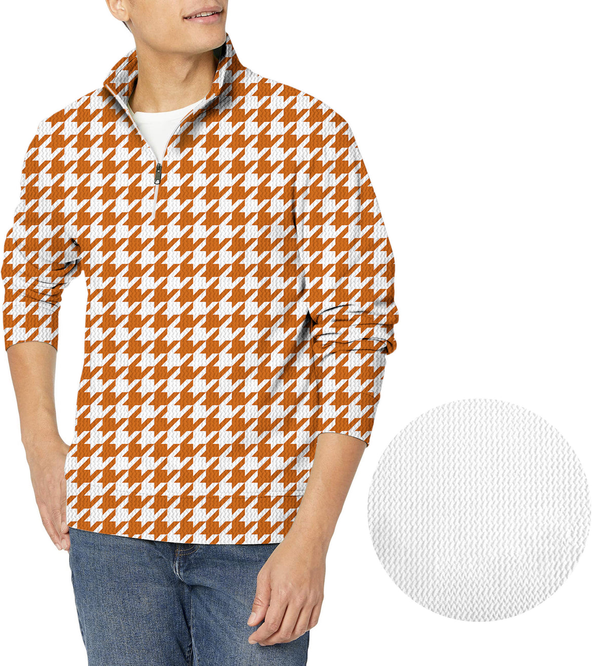 Halloween yellow and white houndstooth Men's Golf Waffle Zipper Pullover