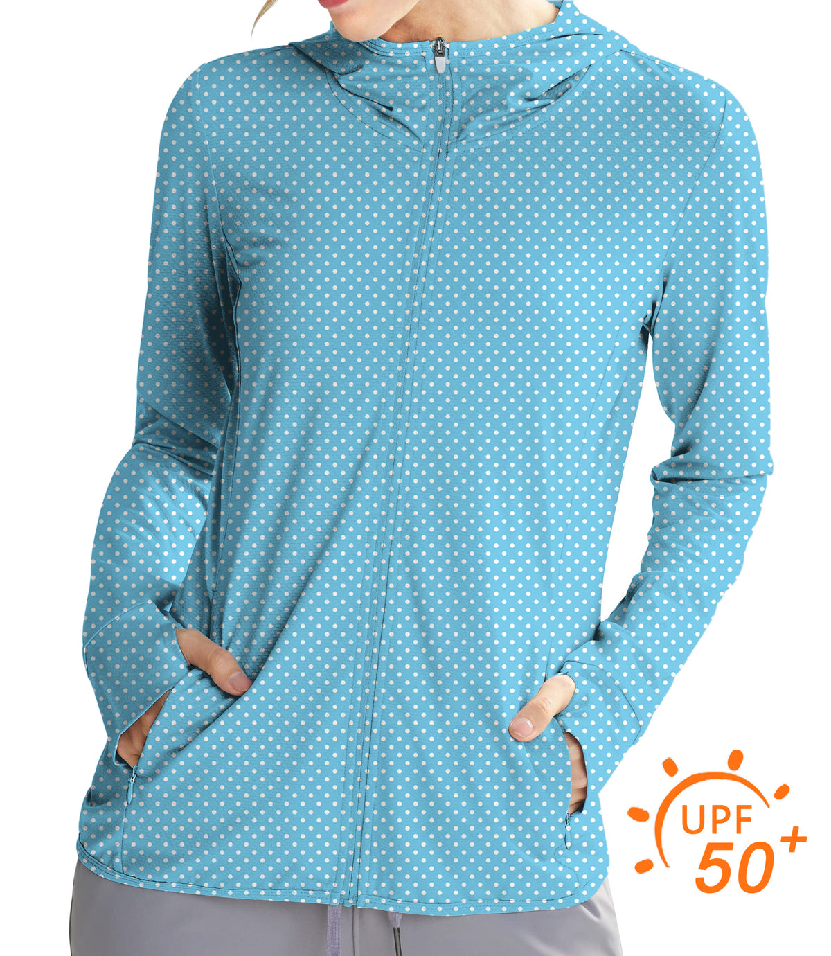 Women's Outdoor white polka dots blue background Golf Sun Protection Slim Fit zip hoodies