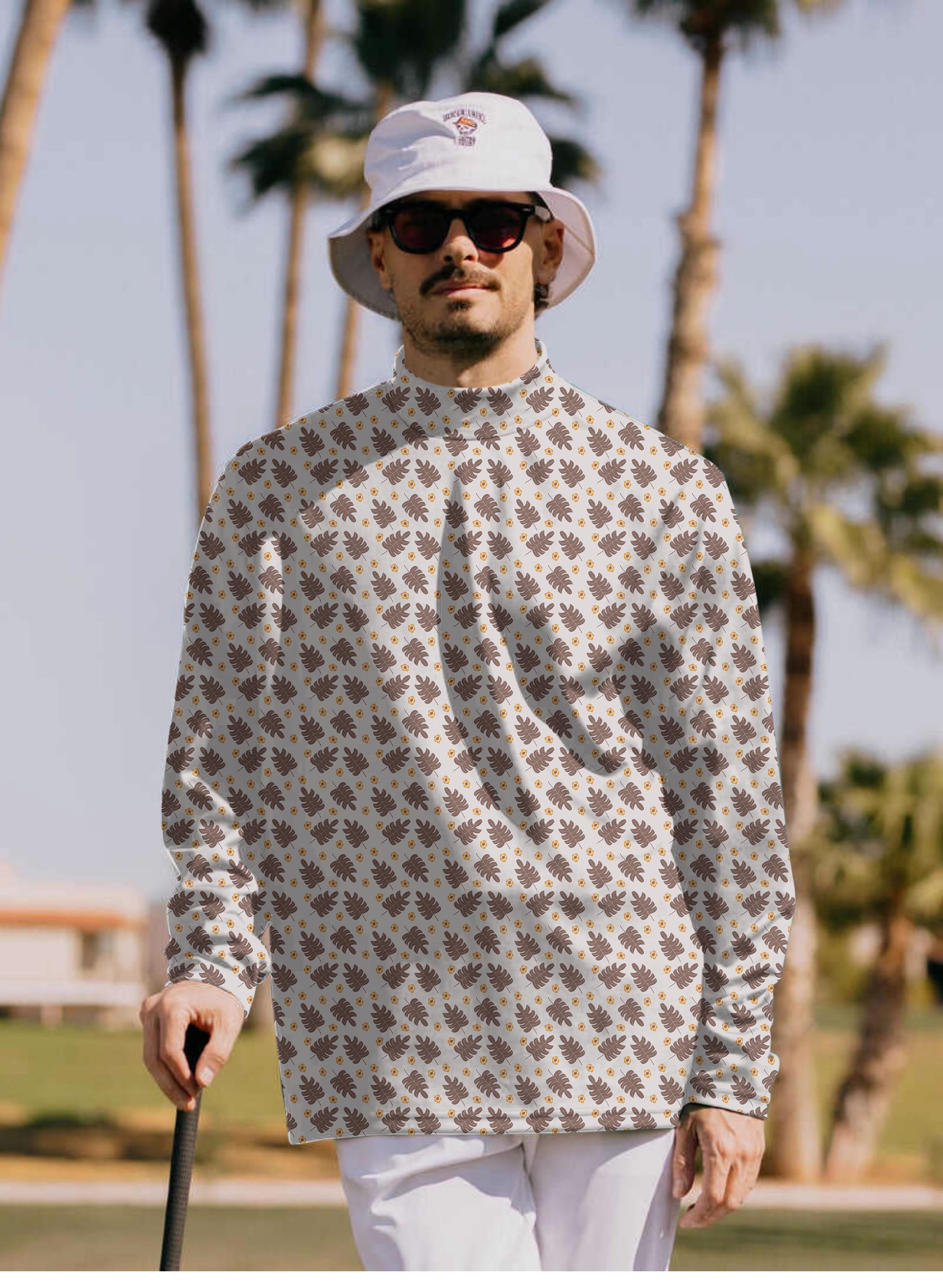 Men's brown palm leaf Pullover High neck Long/Short sleeve T-Shirt limited edition