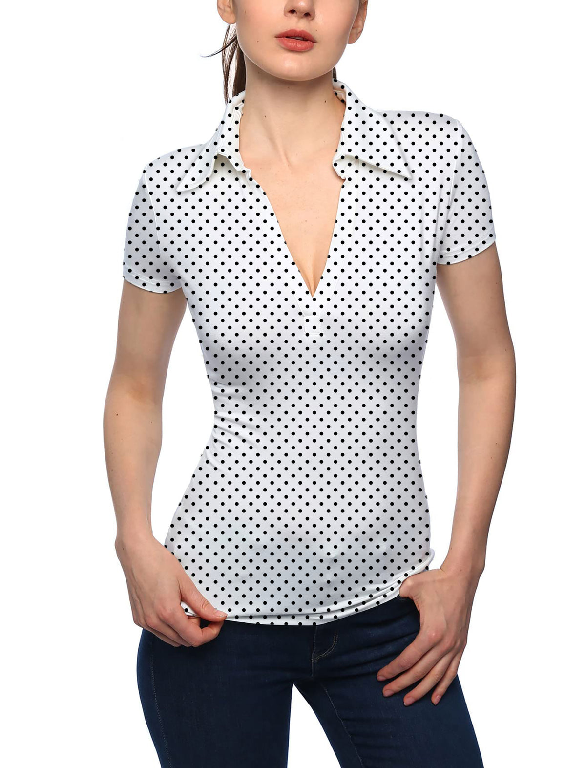 Women's Black polka dots white background V Neck Golf Polo