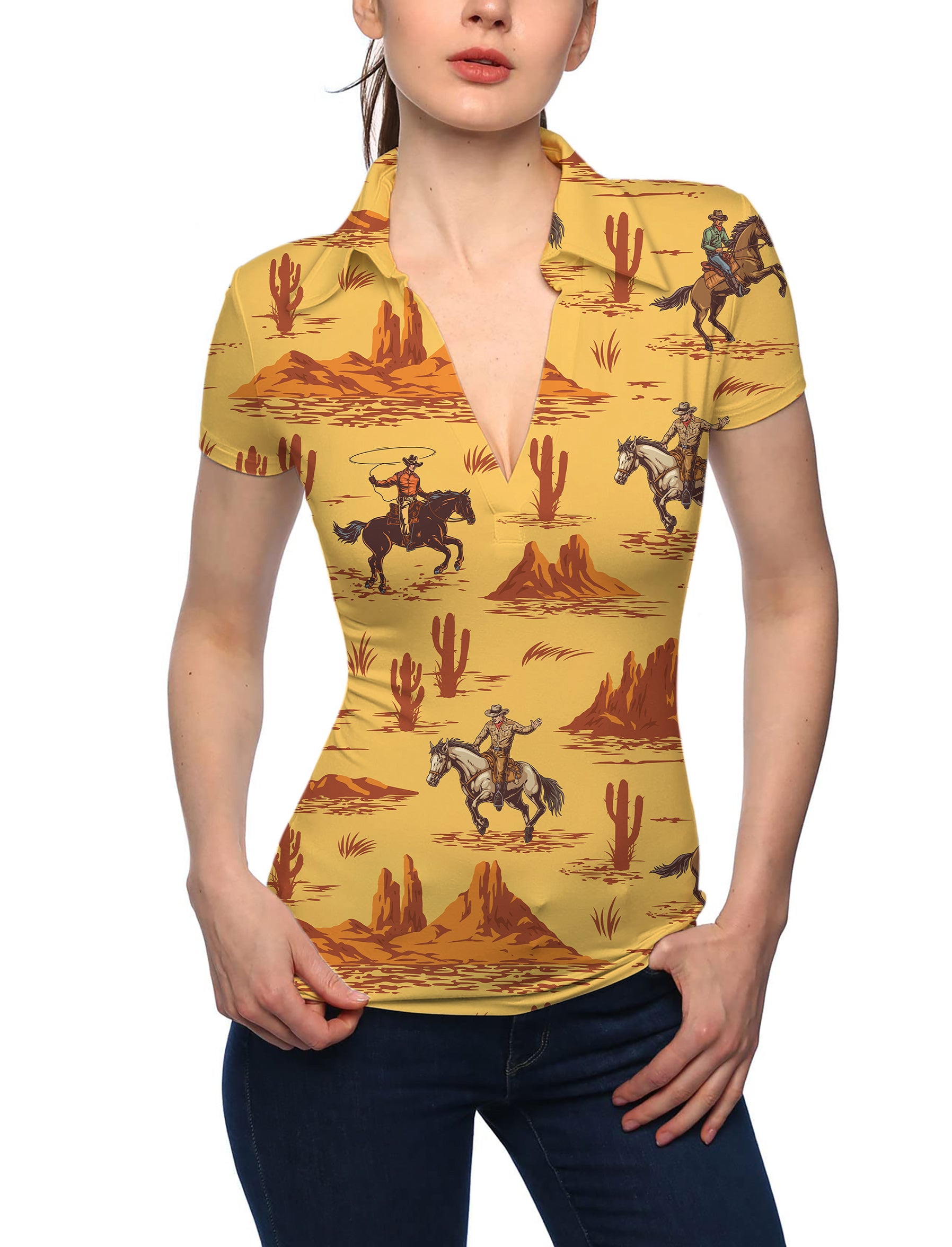 Women's west cowboy V Neck Golf Polo