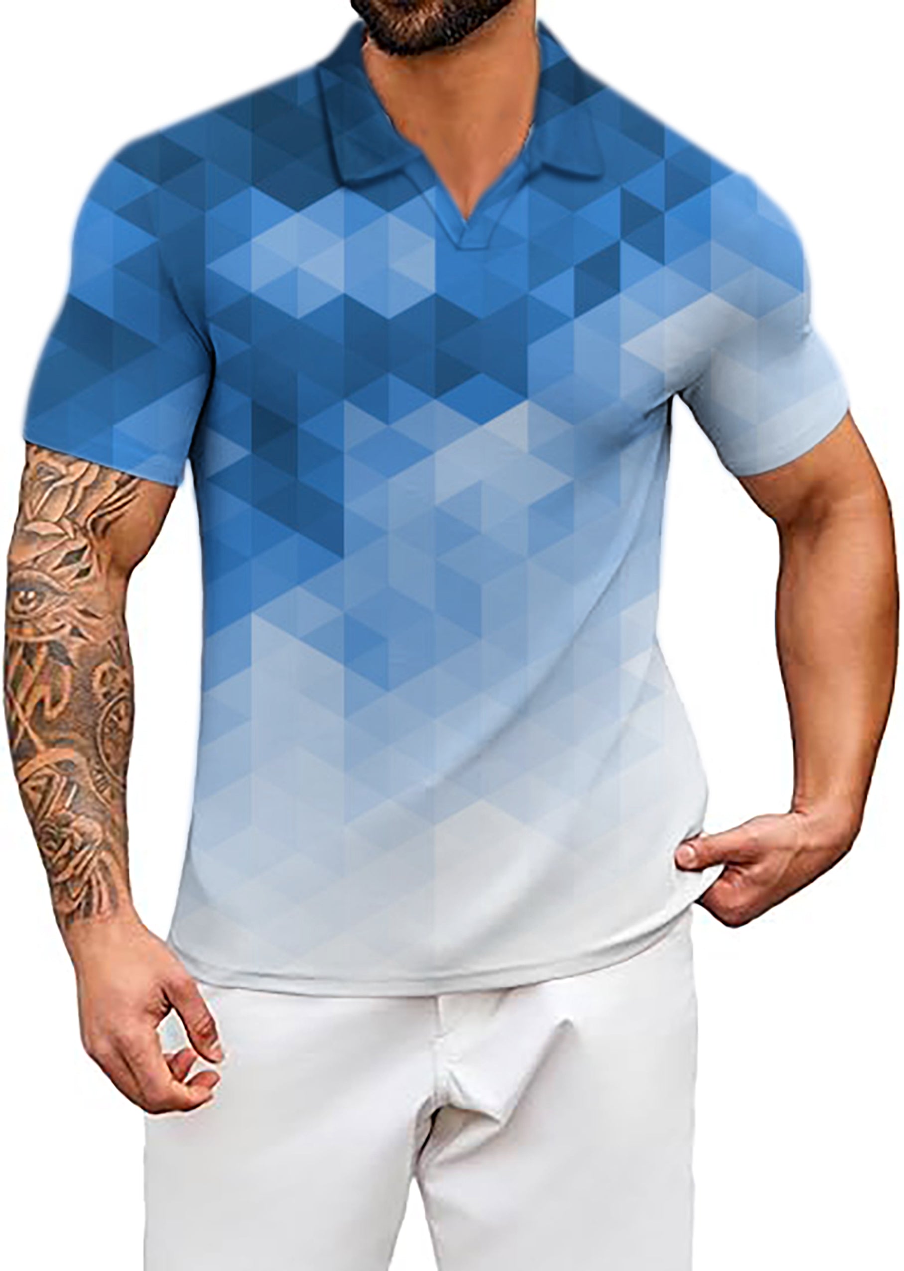 Men's Abstract Blue Background With Triangular Pattern V Neck Golf Polo Shirts
